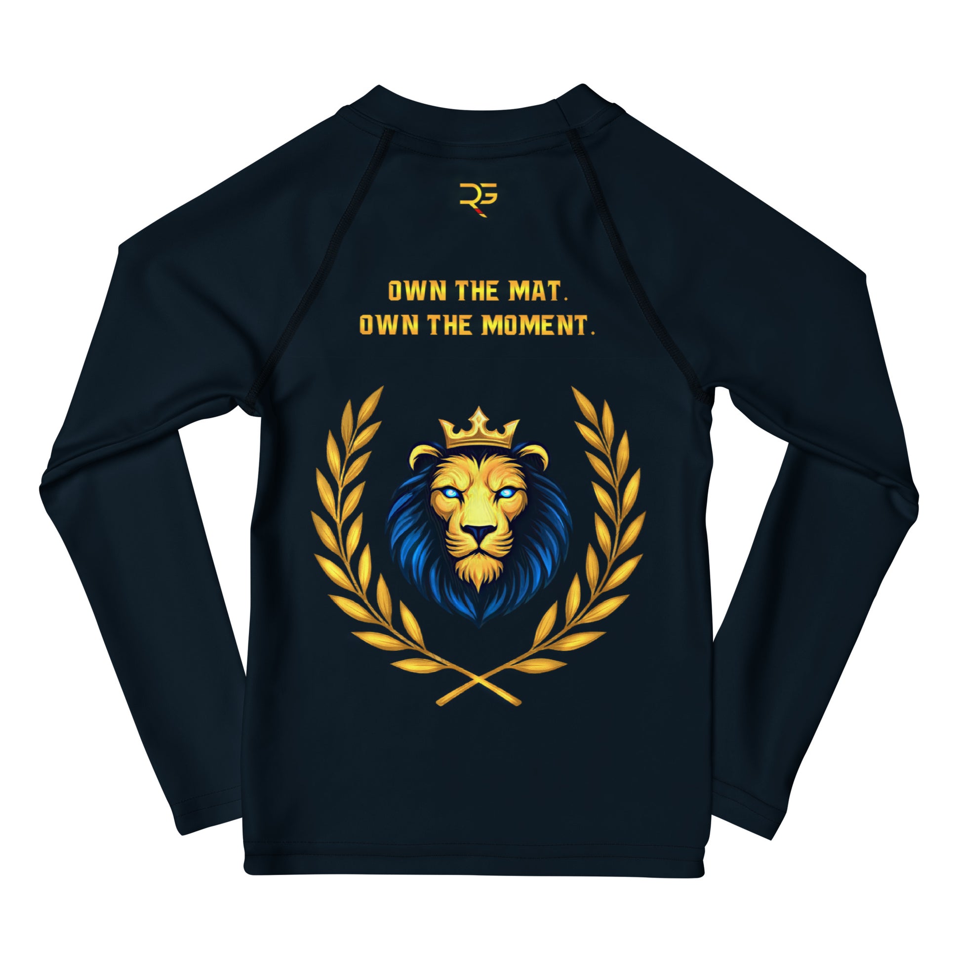 Kids long-sleeve rash guard featuring a bold lion graphic. Built for grappling and combat sports with durable, four-way stretch fabric and a form-fitting athletic cut. Roll gear LLC 