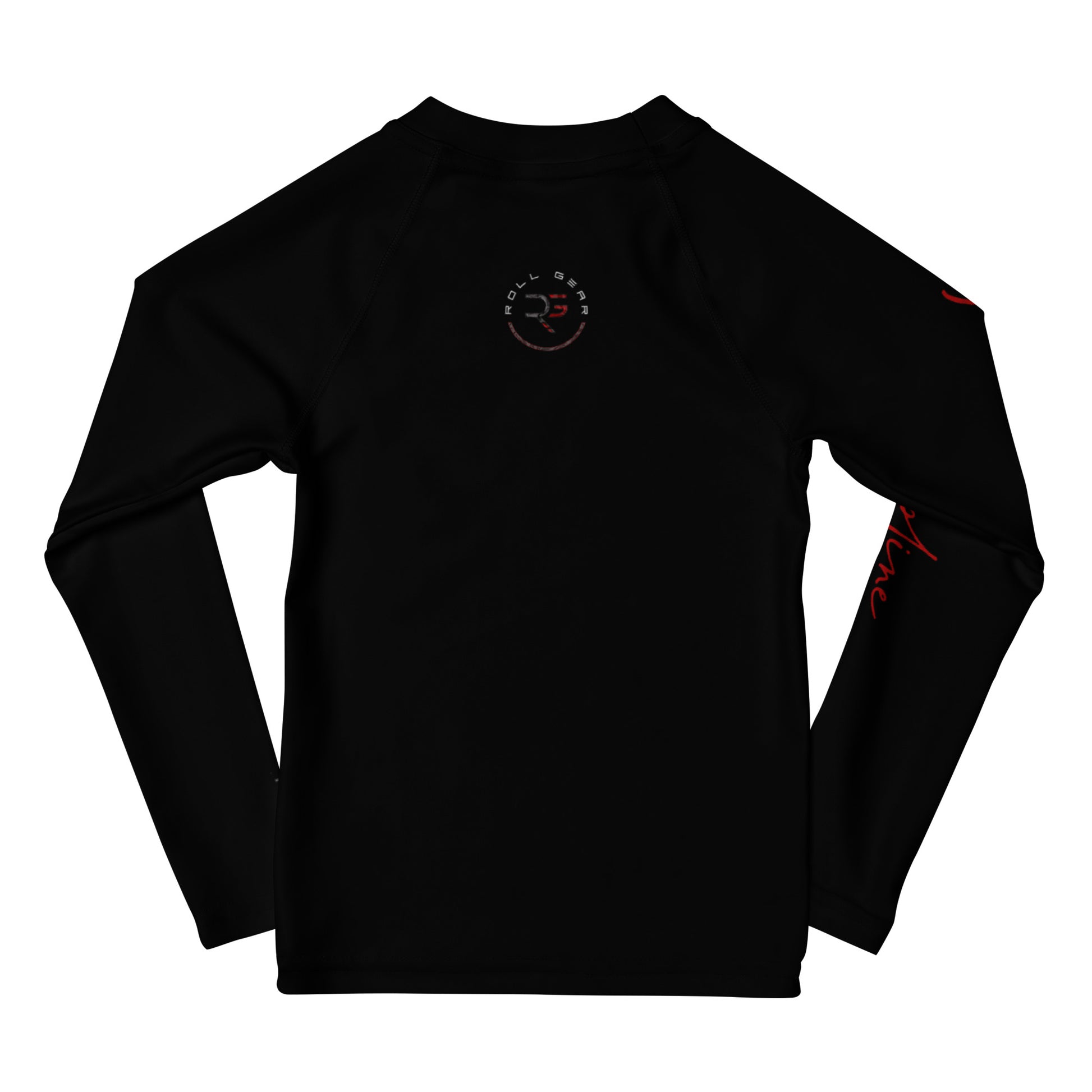 Black long-sleeve shirt with a logo on the chest against a white background