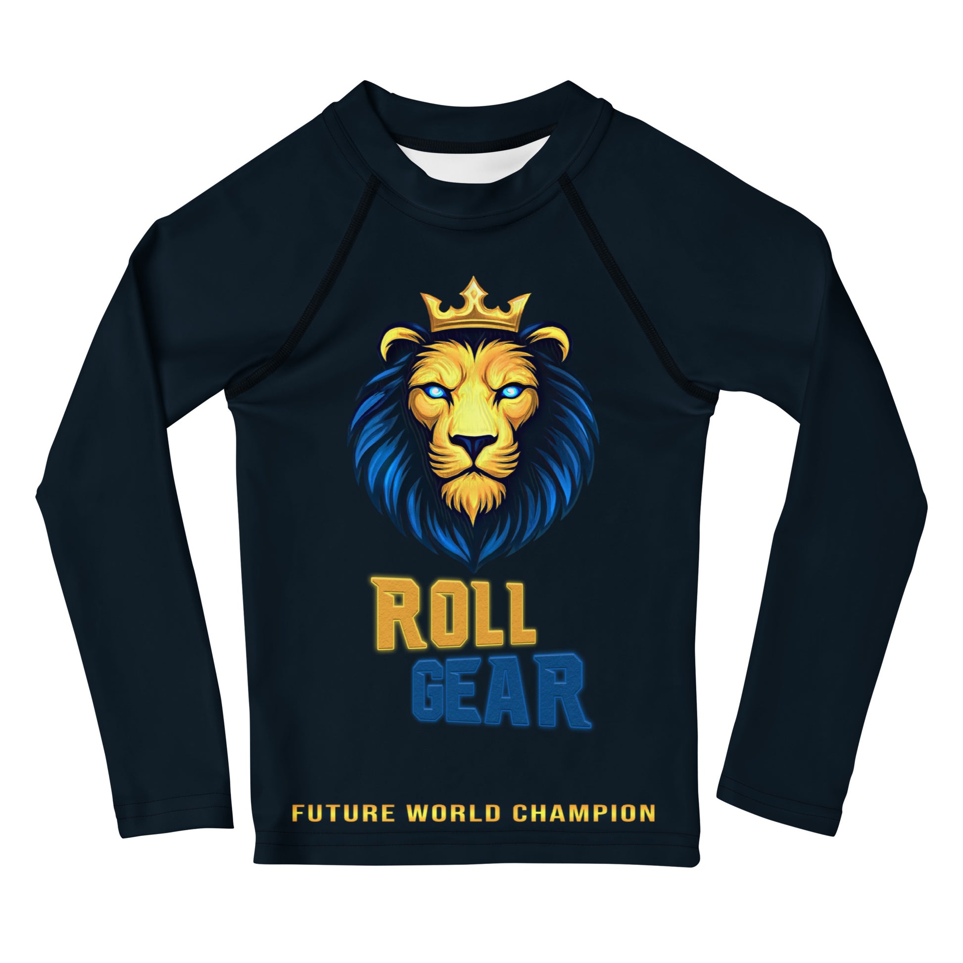 Men’s long-sleeve rash guard featuring a bold lion graphic. Built for grappling and combat sports with durable, four-way stretch fabric and a form-fitting athletic cut. Roll gear