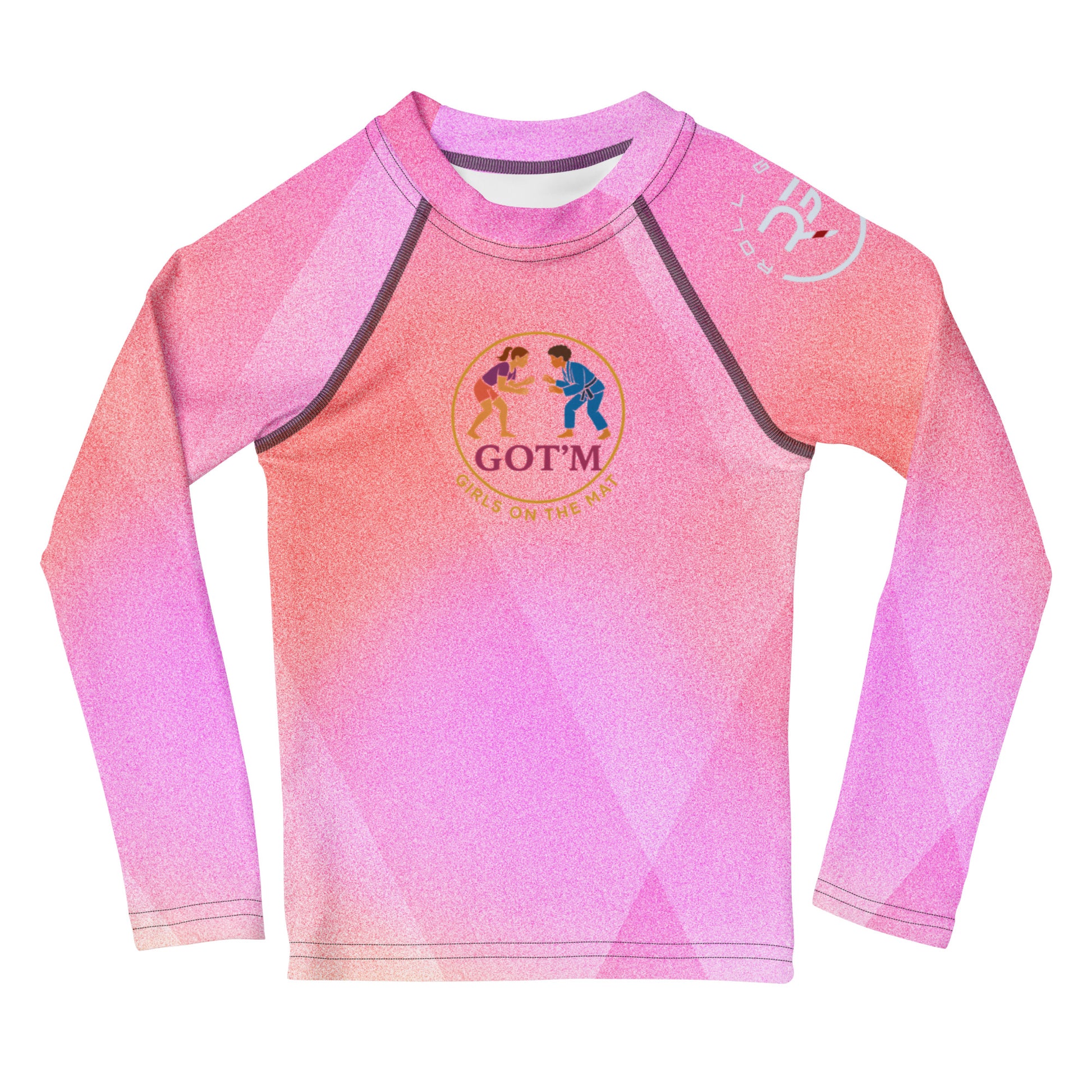 Pink and purple long-sleeve shirt with a logo on a white background