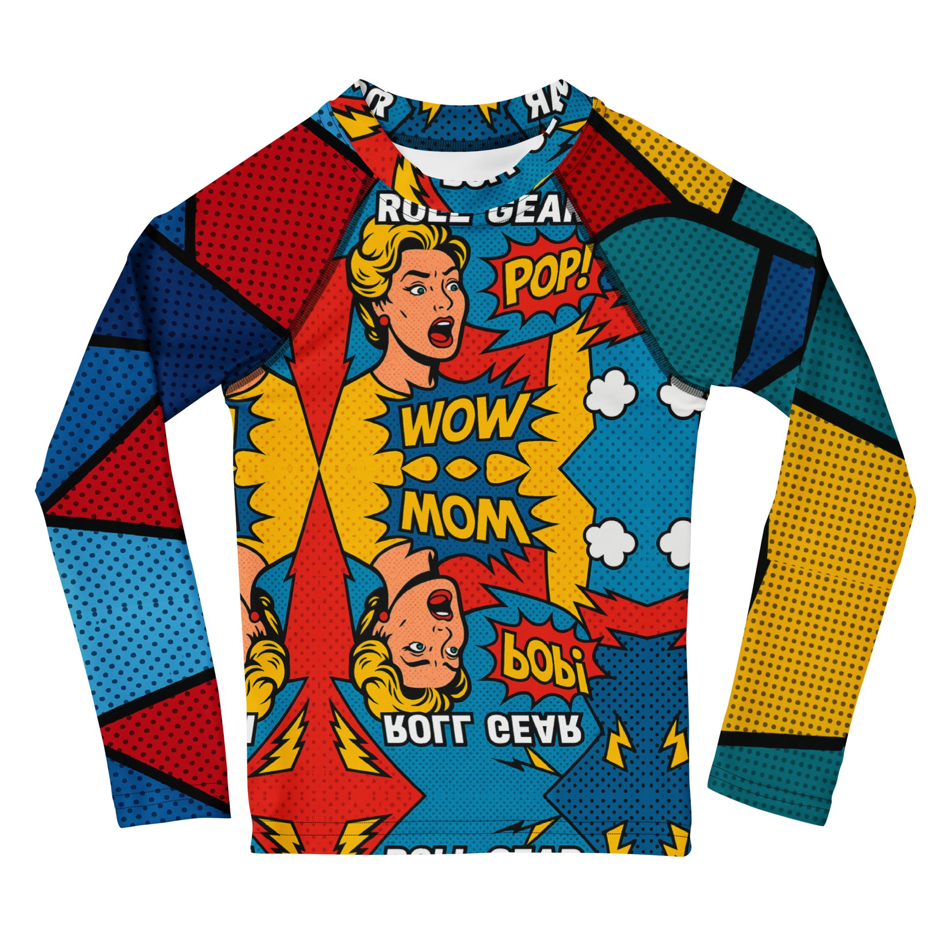 Kids long-sleeve rash guard with vibrant comic pop art design featuring bold red, blue, yellow, and teal color blocks, comic-style graphics, and text bubbles saying POP! and WOW MOM. Unisex limited edition training gear for boys and girls in BJJ, wrestling, and MMA.”