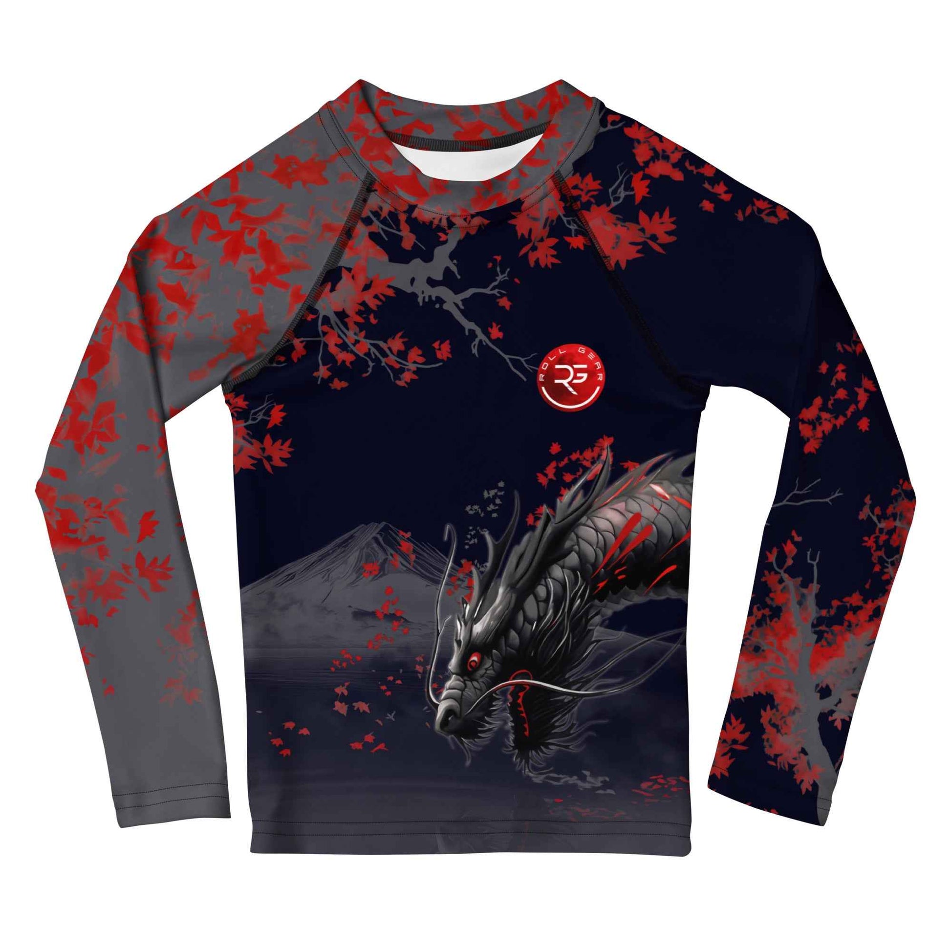 Long-sleeve shirt with dragon and cherry blossom design on a white background