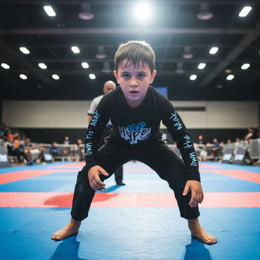 Child in martial arts gear on a mat in an indoor arena