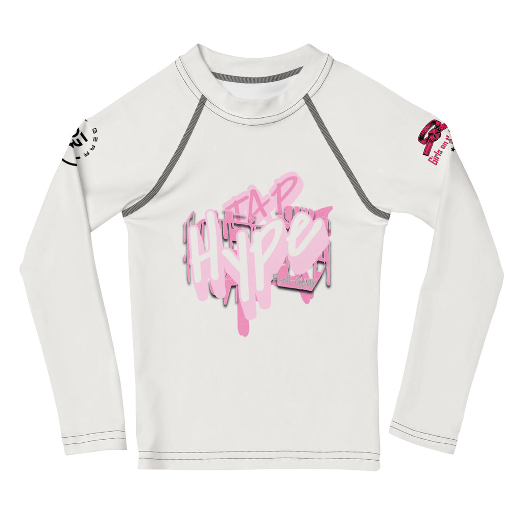 White long-sleeve shirt with pink graphic design on a white background