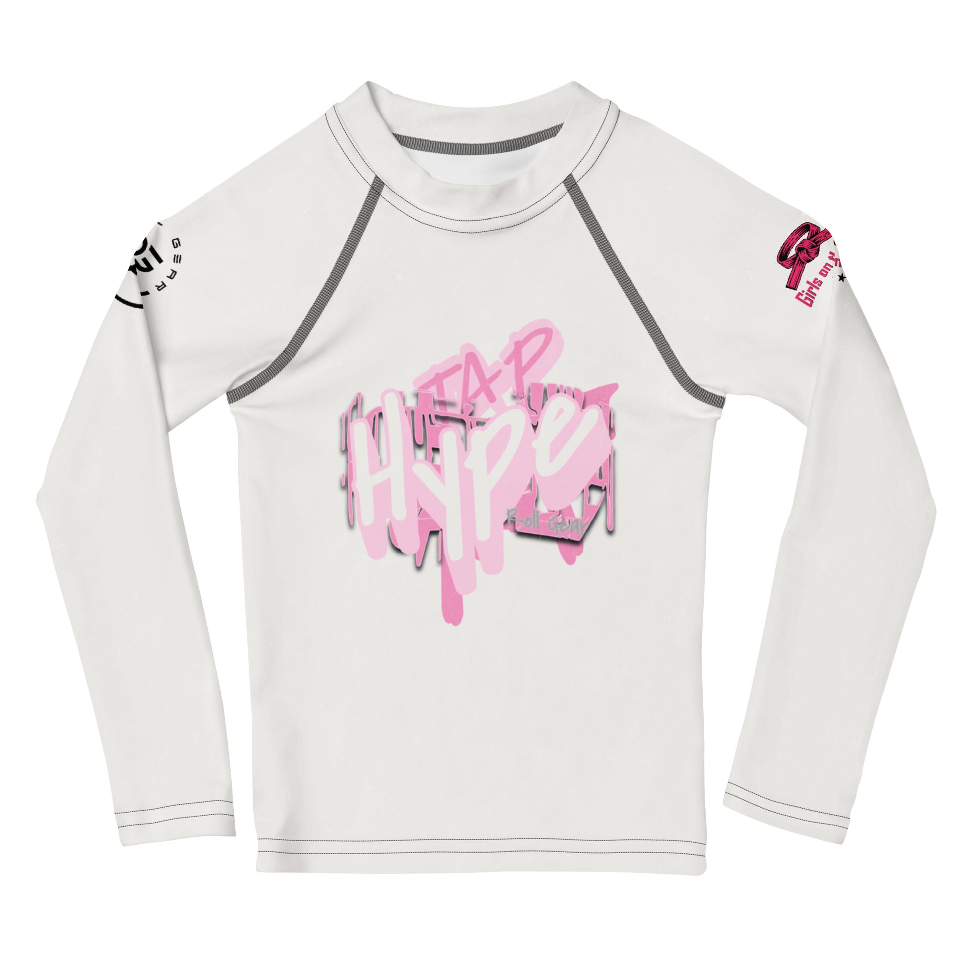 White long-sleeve shirt with pink graphic design on a white background