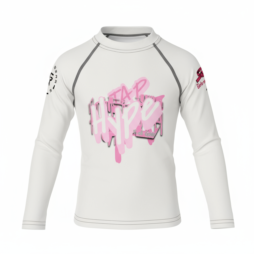 White long-sleeve shirt with pink graphic design on a white background