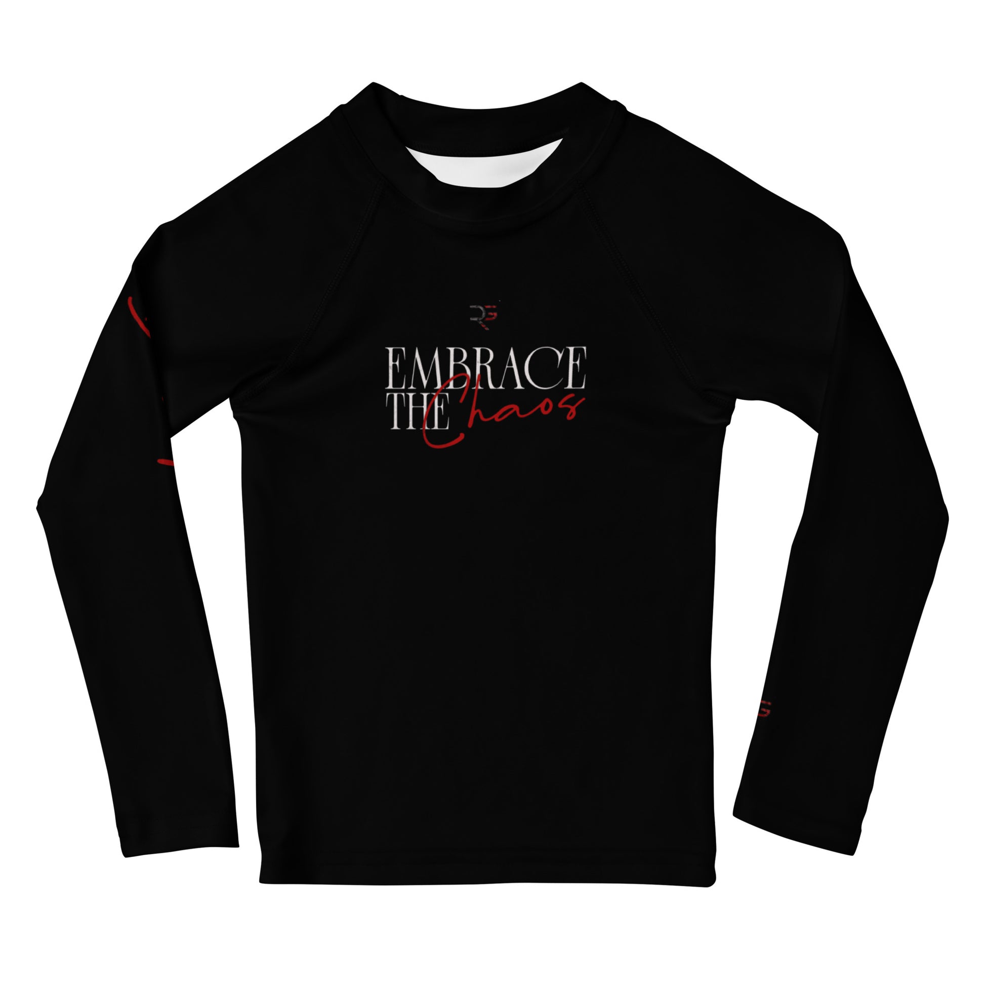 Black long-sleeve shirt with 'Embrace the Chaos' text on a white background