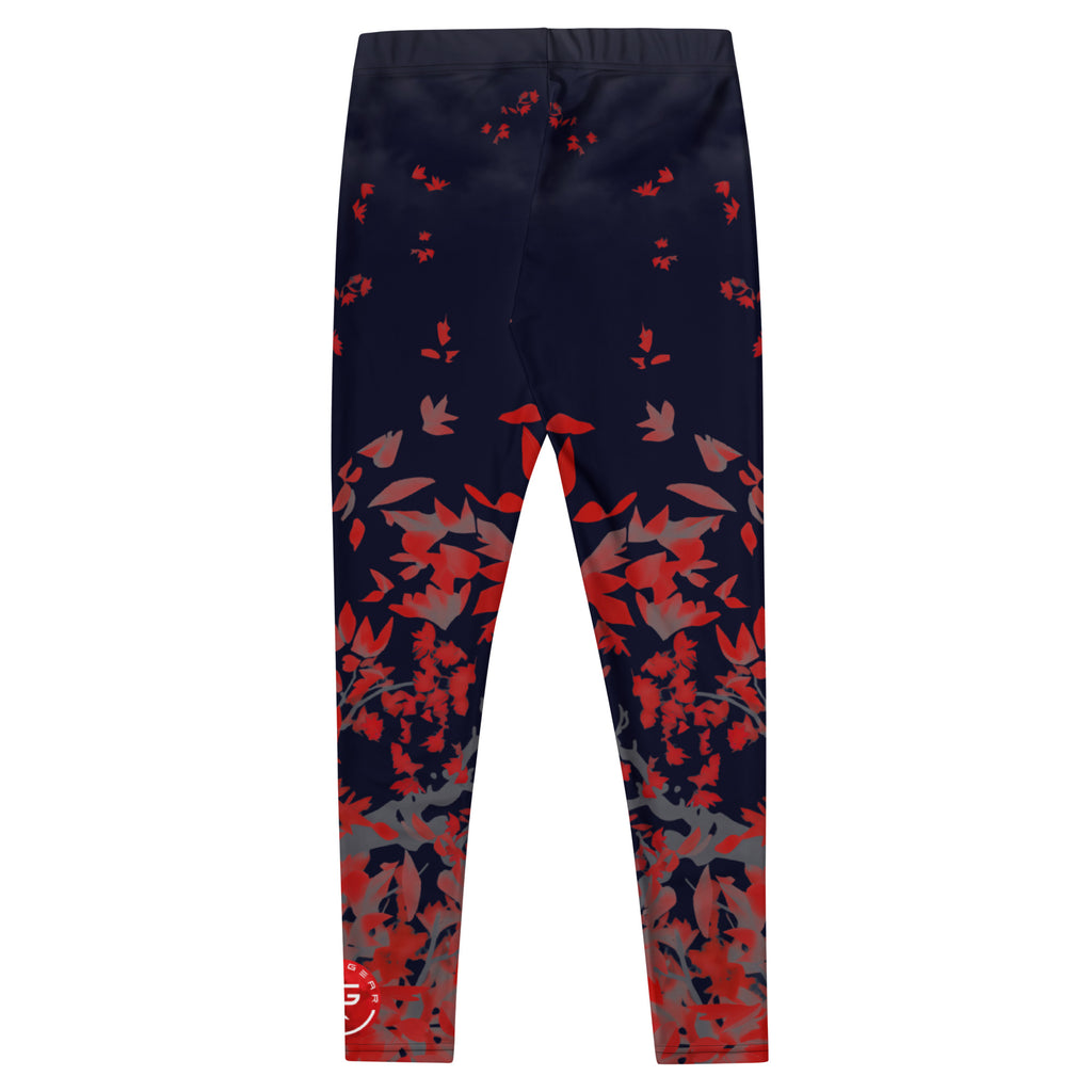 Navy leggings with red and gray floral pattern on a white background
