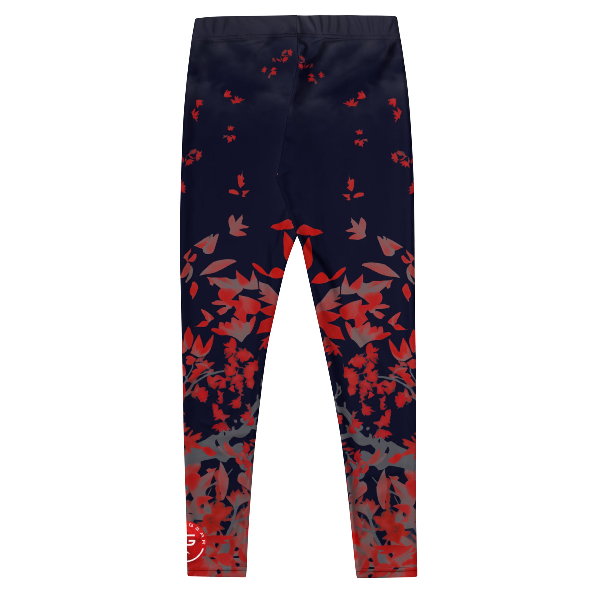 Navy leggings with red and gray floral pattern on a white background