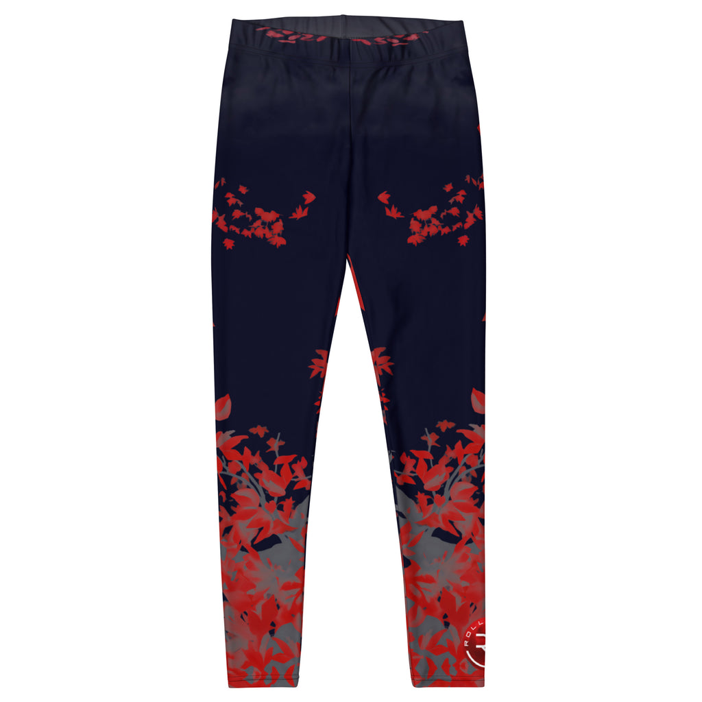 Navy leggings with red and gray floral pattern on a white background