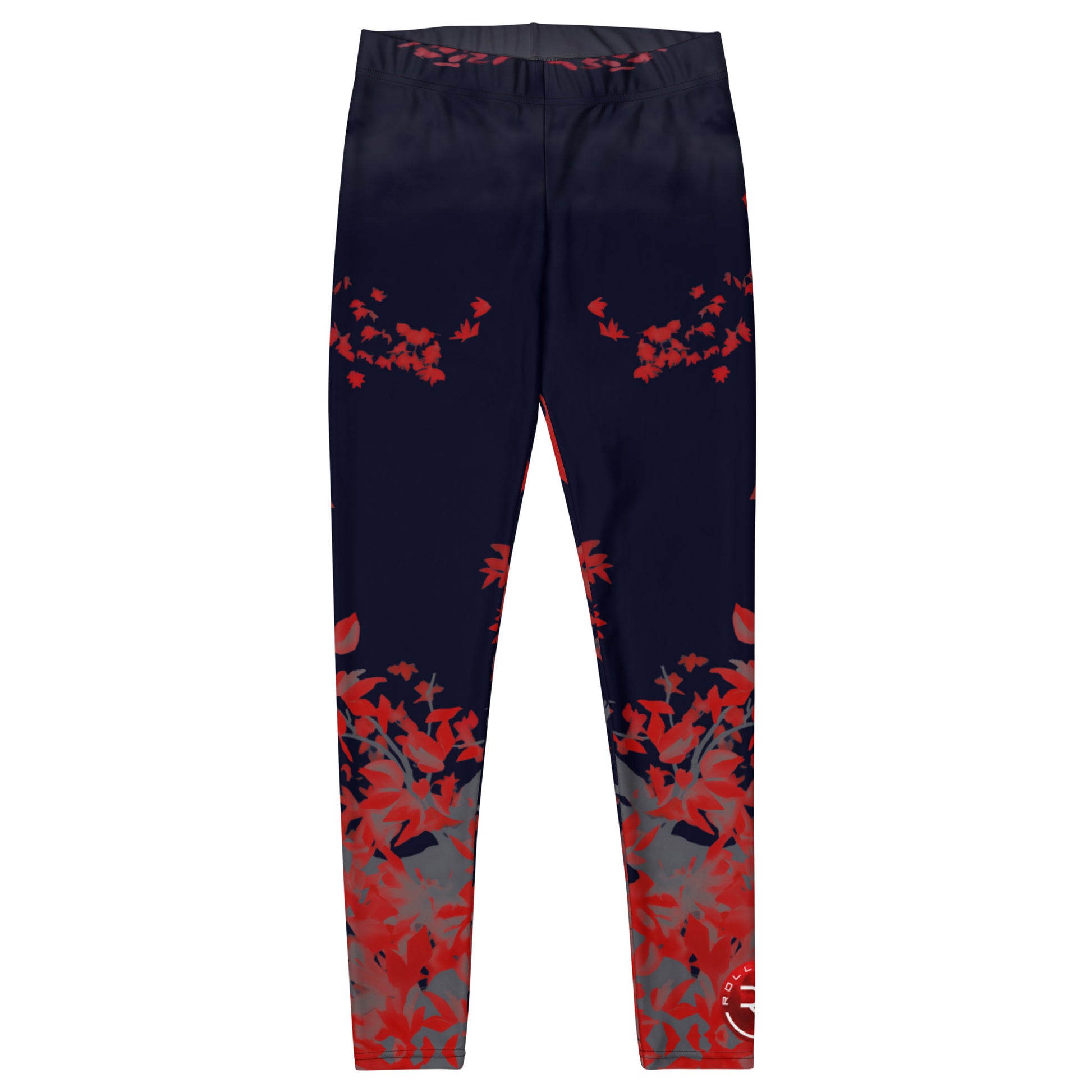 Navy leggings with red and gray floral pattern on a white background