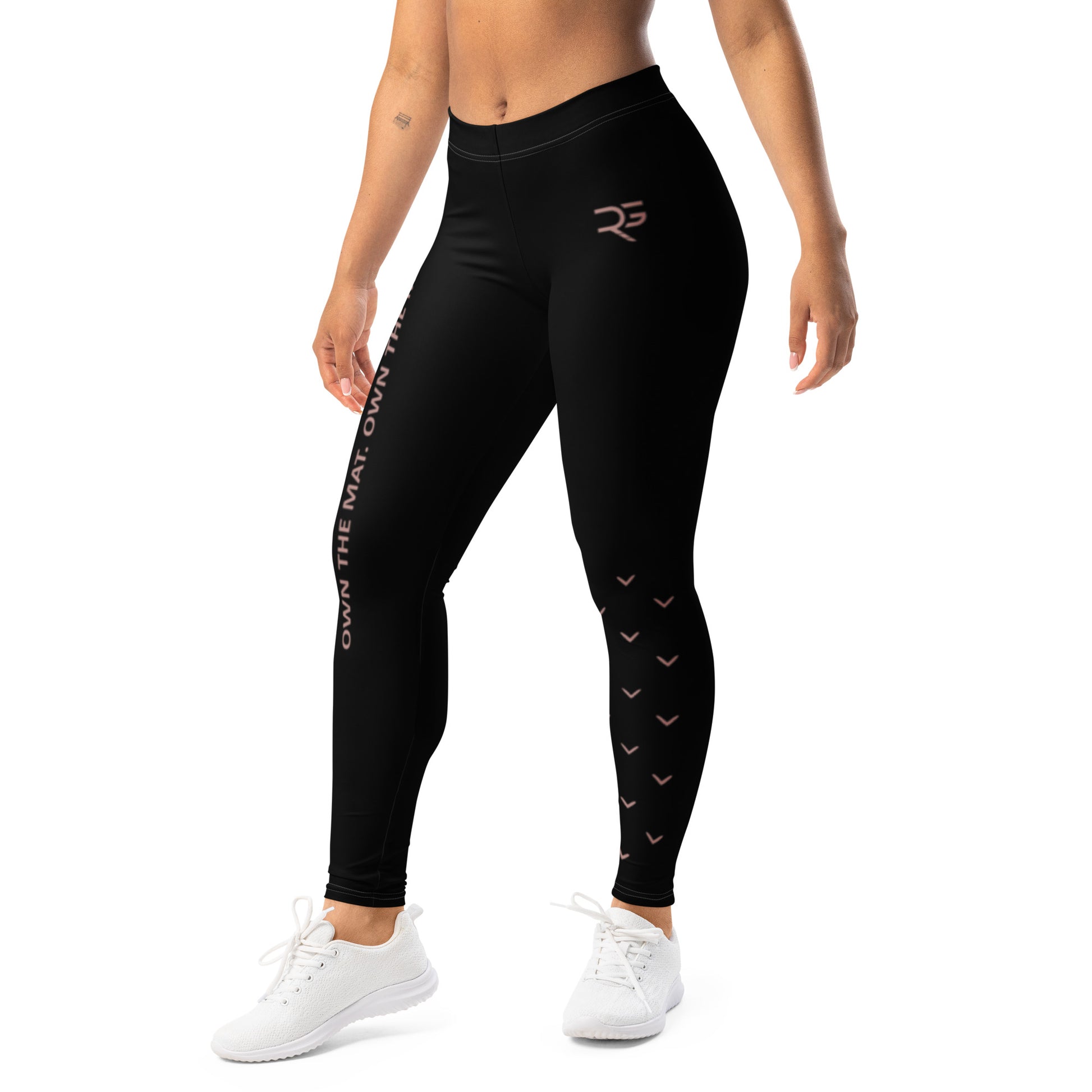 Black leggings with white text and design on a white background