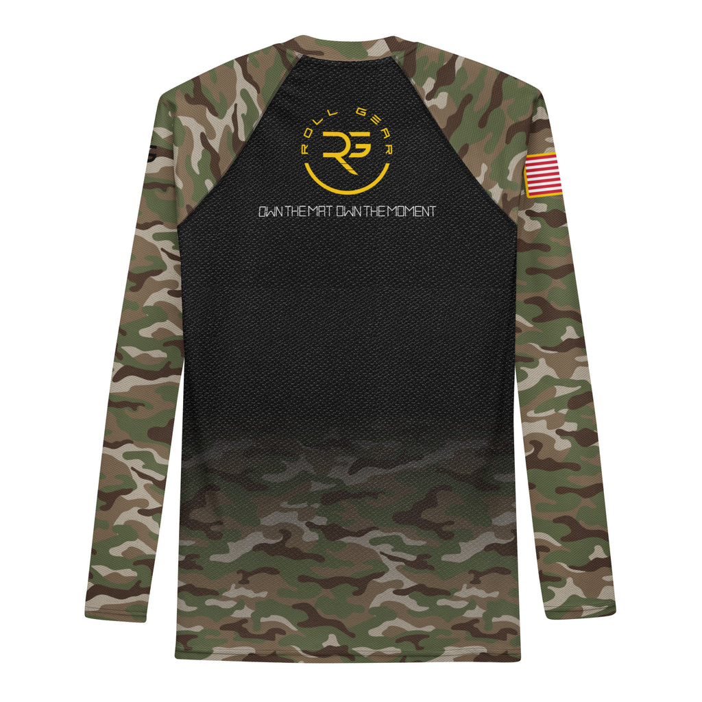 Army Roll Gear LLC Classic Camo BJJ compression no-gi training rash guard. Front View Army logo black and camo.