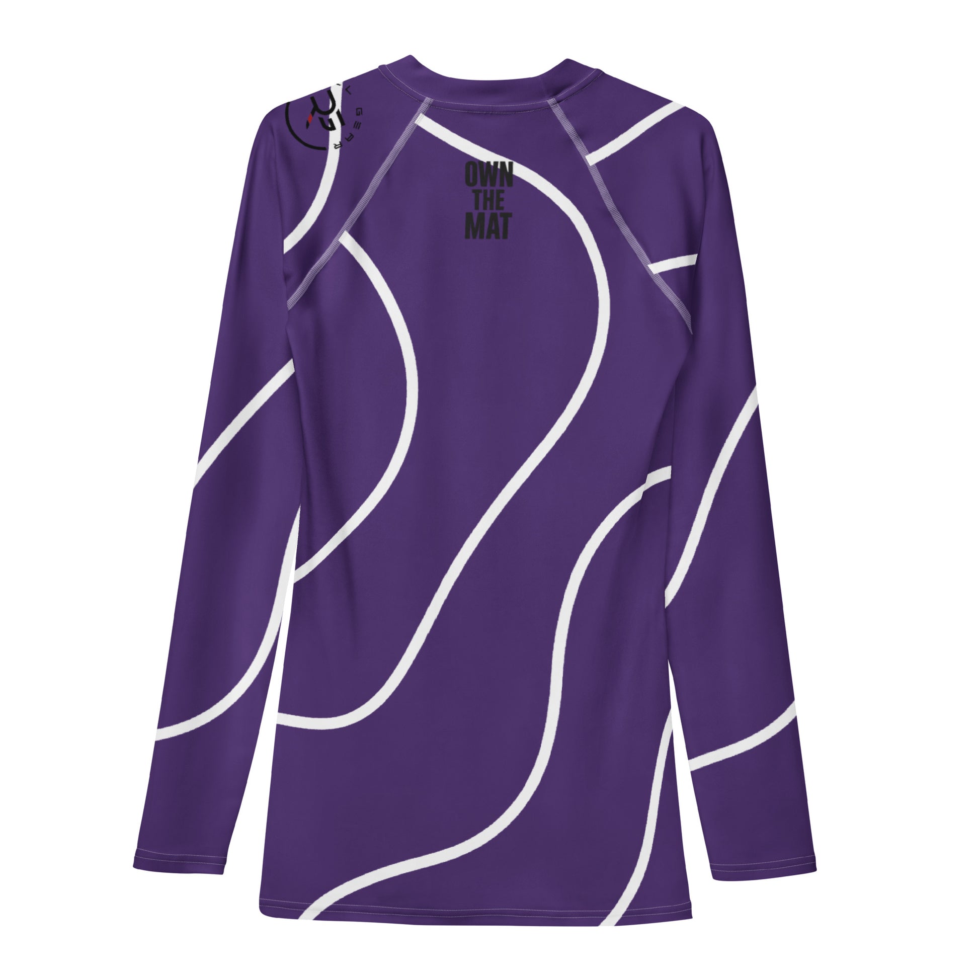 Back view of purple BJJ rash guard featuring “Earned Not Given” text between shoulders – premium grappling gear for disciplined jiu-jitsu athletes