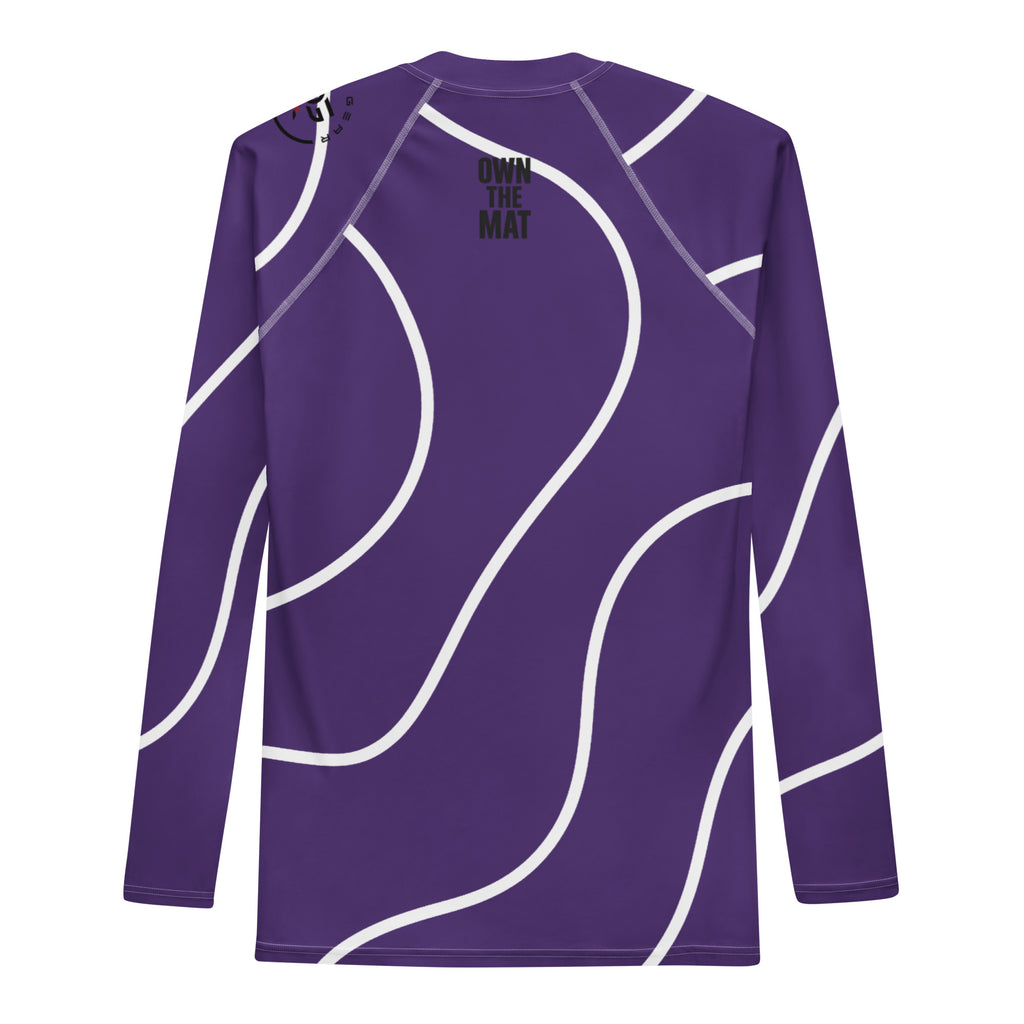 Back view of purple BJJ rash guard featuring “Earned Not Given” text between shoulders – premium grappling gear for disciplined jiu-jitsu athletes