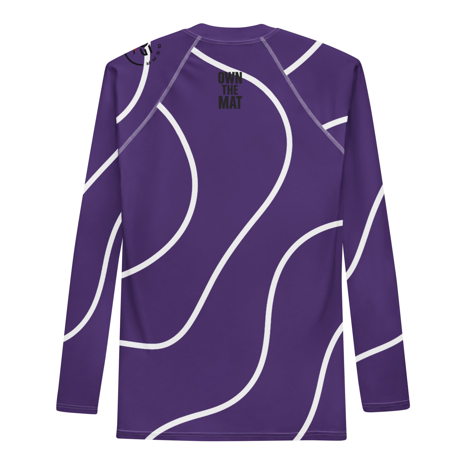 Back view of purple BJJ rash guard featuring “Earned Not Given” text between shoulders – premium grappling gear for disciplined jiu-jitsu athletes
