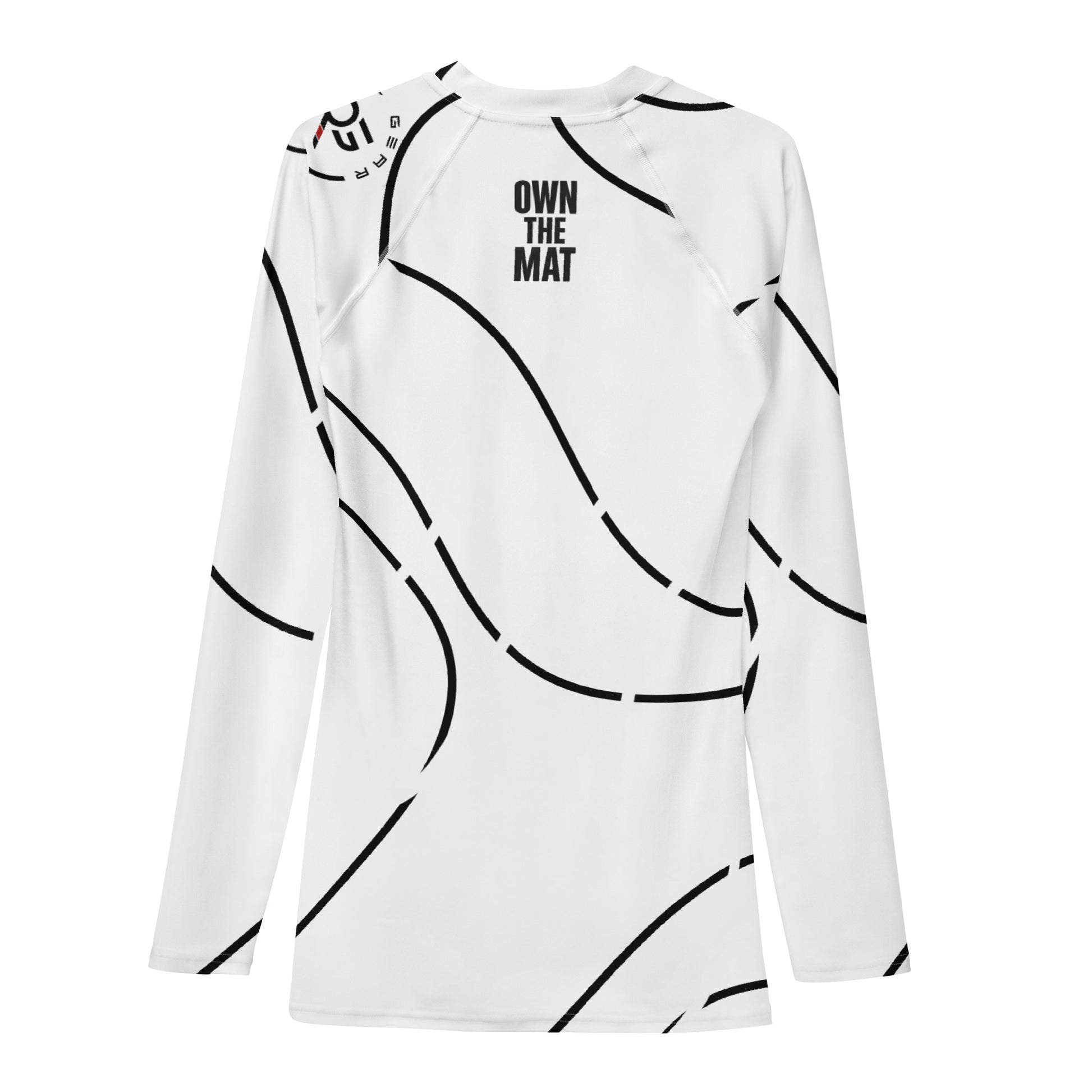 Back view of white BJJ rash guard featuring “Earned Not Given” text between shoulders – designed for Brazilian Jiu-Jitsu athletes advancing through the ranks