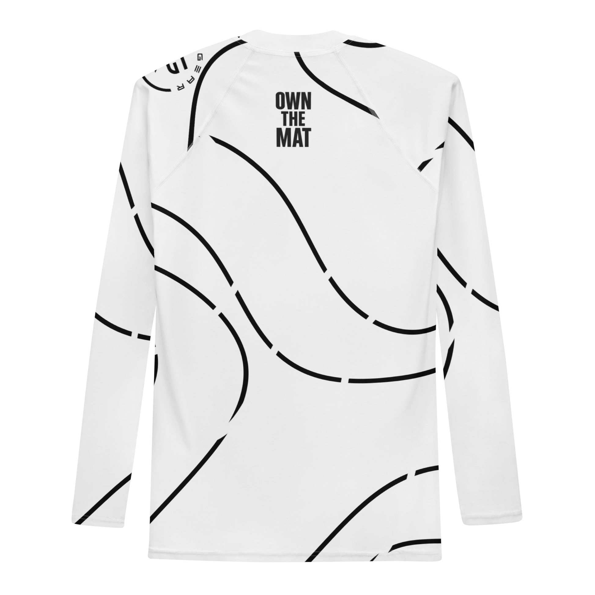 Back view of white BJJ rash guard featuring “Earned Not Given” text between shoulders – designed for Brazilian Jiu-Jitsu athletes advancing through the ranks