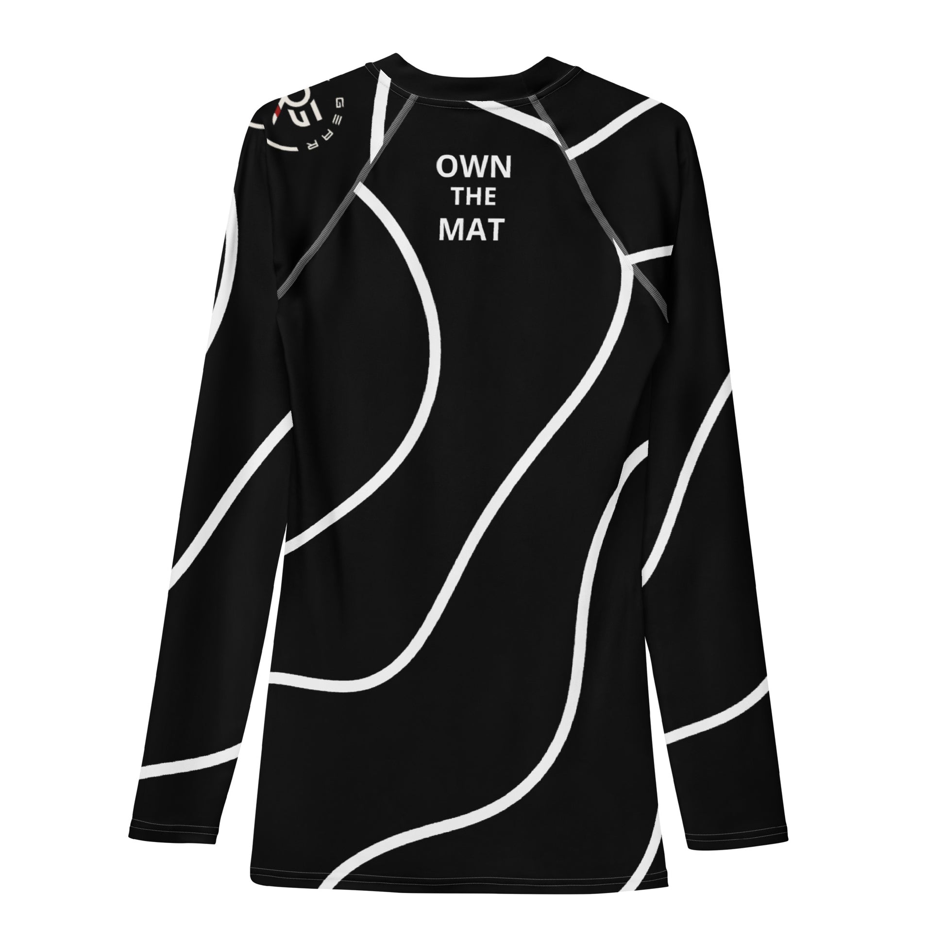 Back view of black swirl BJJ rash guard featuring “Earned Not Given” slogan between shoulders – premium athletic fit for no-gi grappling and jiu-jitsu training