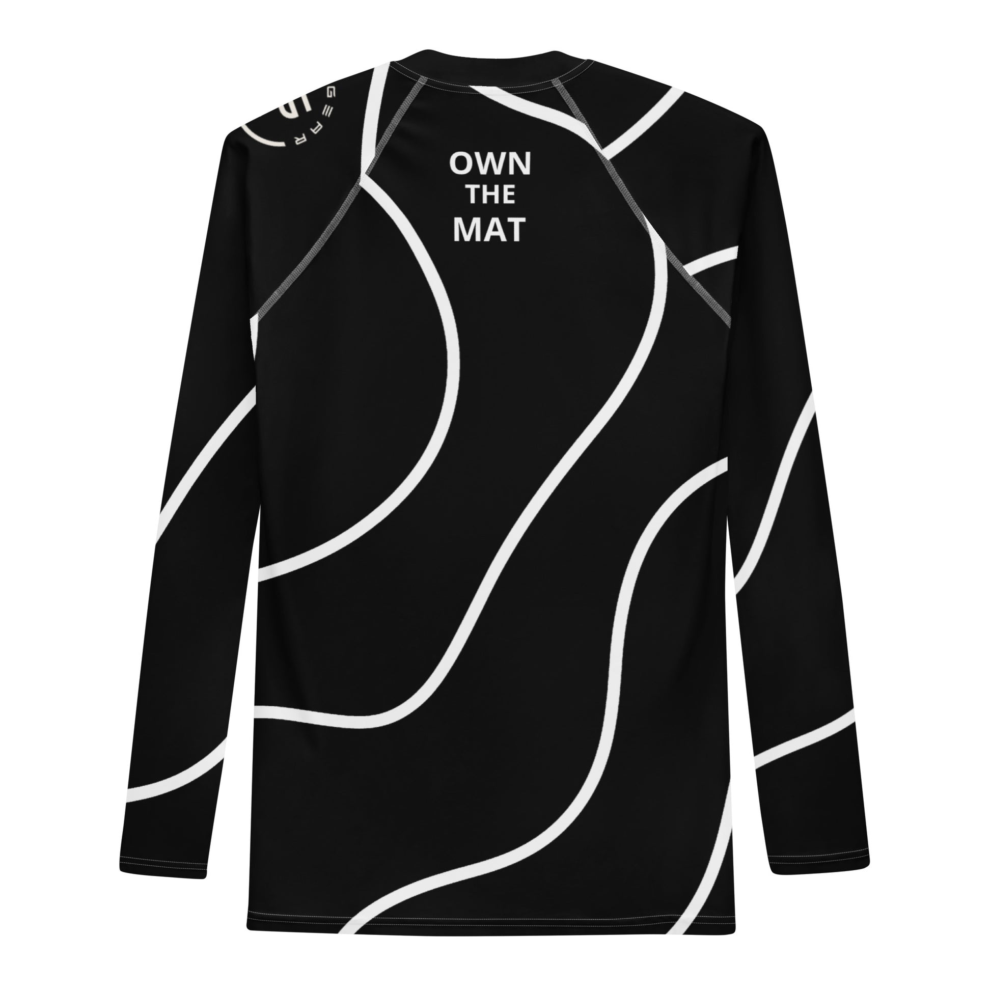 Black swirl BJJ rash guard with “Earned Not Given” text – moisture-wicking, four-way stretch grappling top for Brazilian Jiu-Jitsu athletes