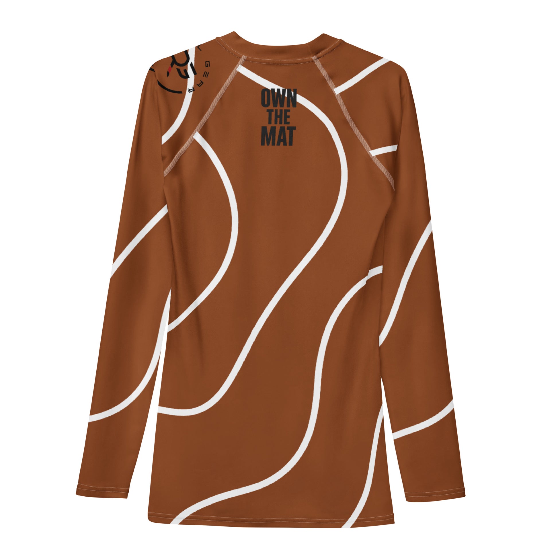 Back view of brown BJJ rash guard featuring “Earned Not Given” text between shoulders – elite-level grappling gear for experienced Brazilian Jiu-Jitsu athletes