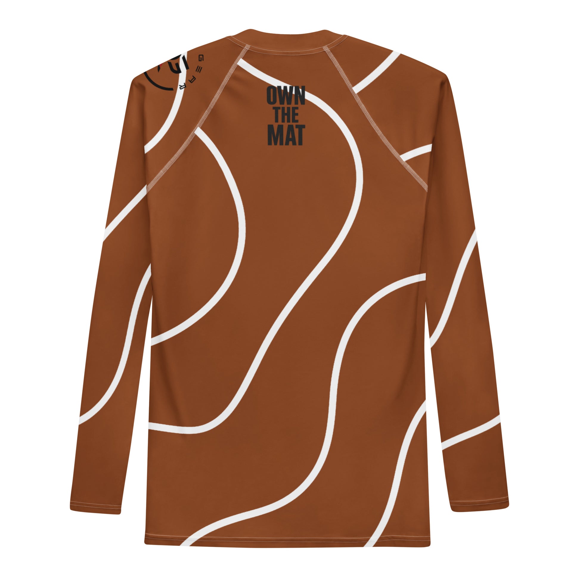 Back view of brown BJJ rash guard featuring “Earned Not Given” text between shoulders – elite-level grappling gear for experienced Brazilian Jiu-Jitsu athletes