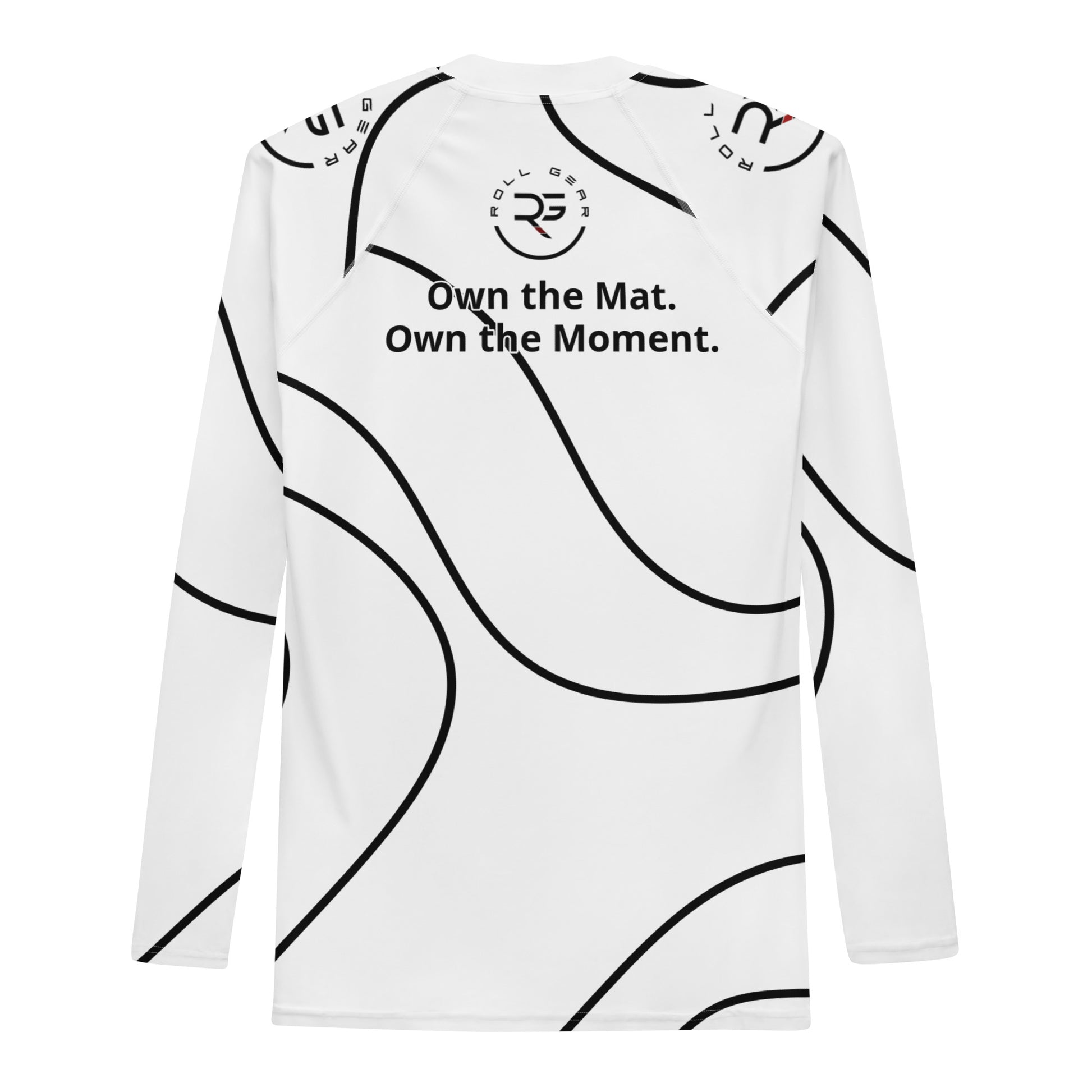 White long-sleeve shirt with black abstract patterns and text on a white background
