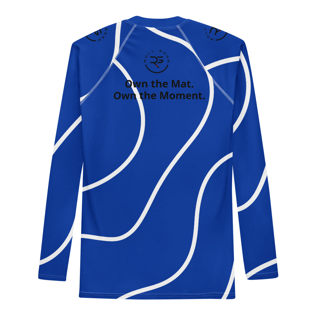 Blue athletic shirt with white text and design on a white background