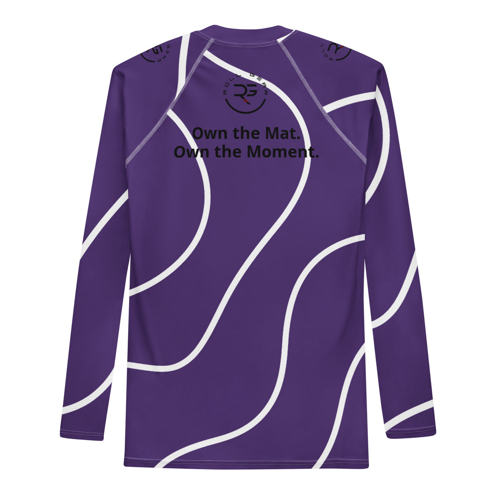 Purple athletic shirt with white designs and text on a white background