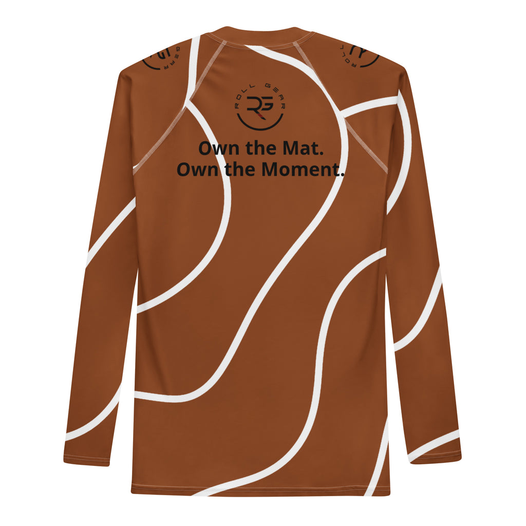 Brown athletic shirt with white designs and text on a white background