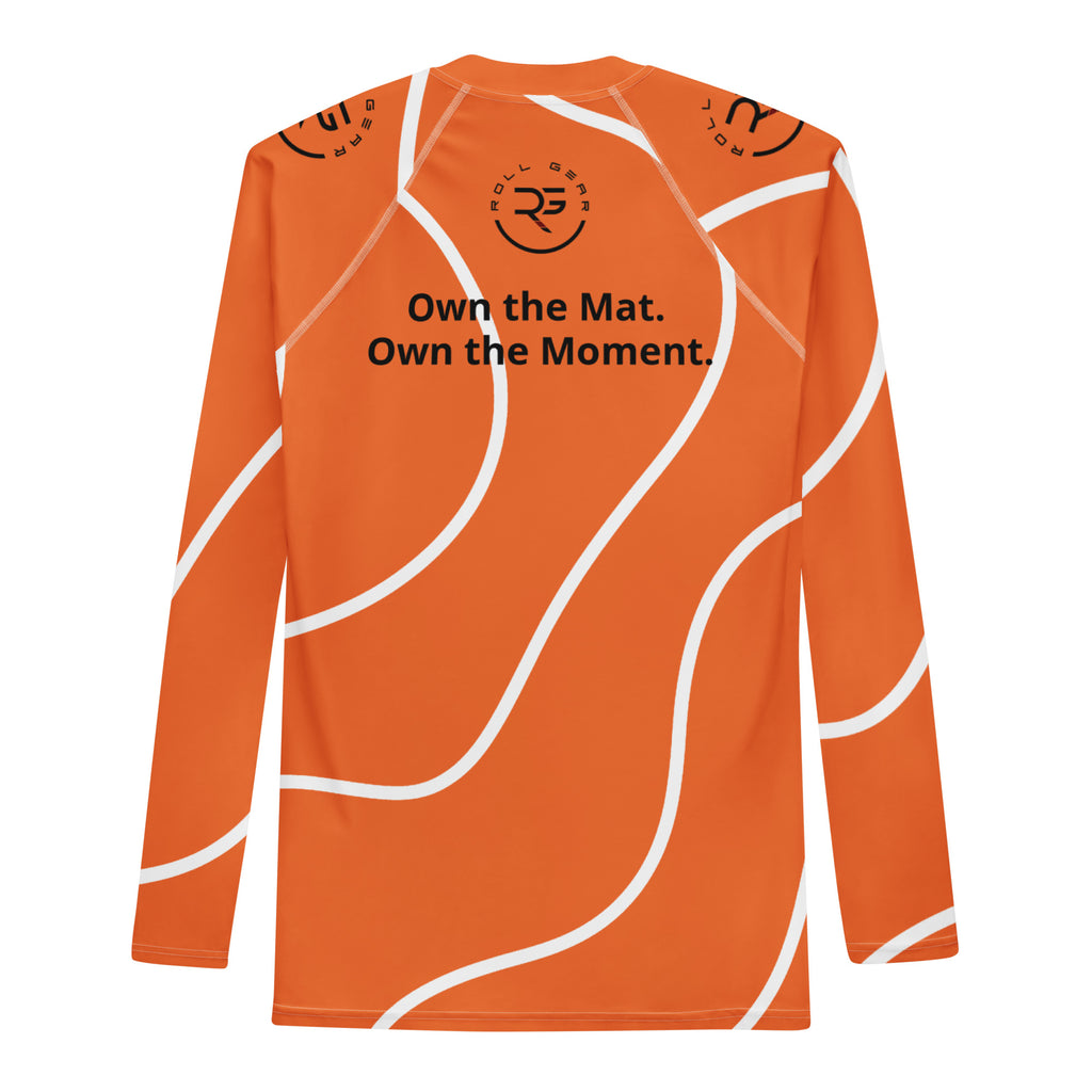 Orange long-sleeve shirt with white designs and text on a white background