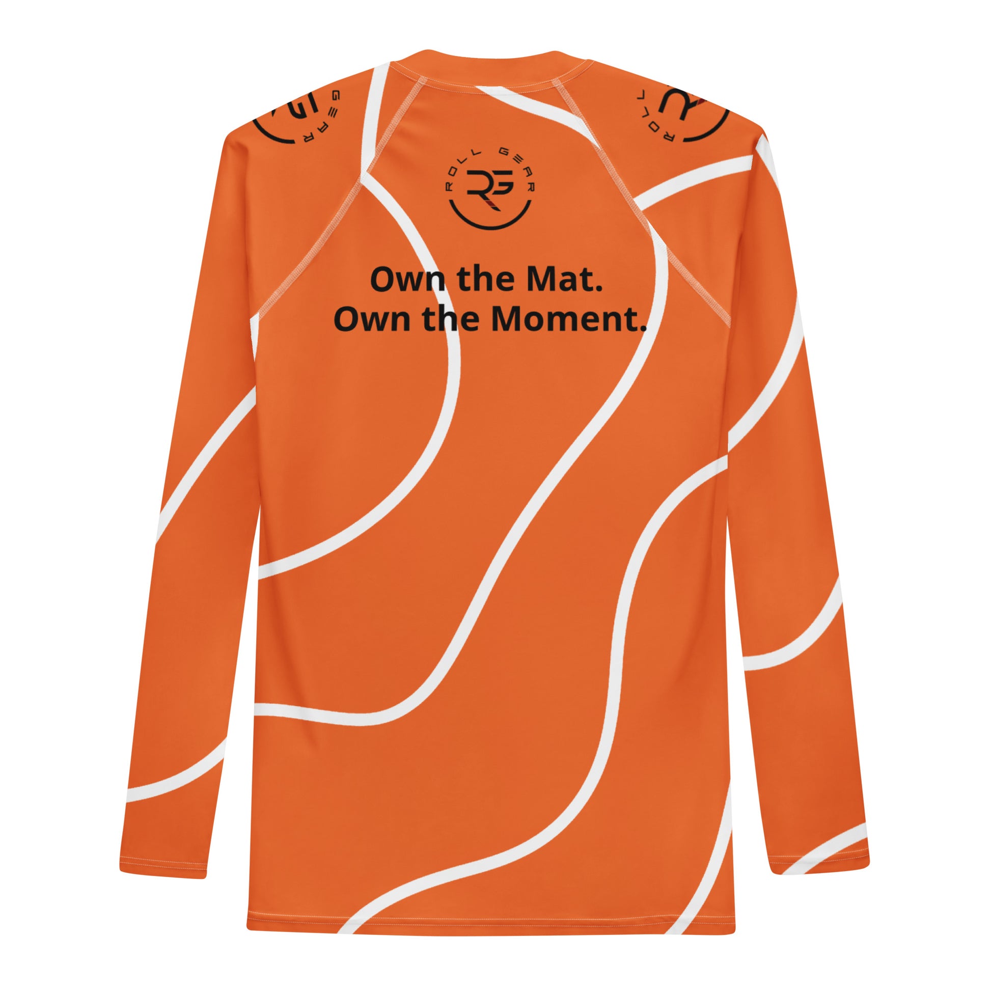 Orange long-sleeve shirt with white designs and text on a white background