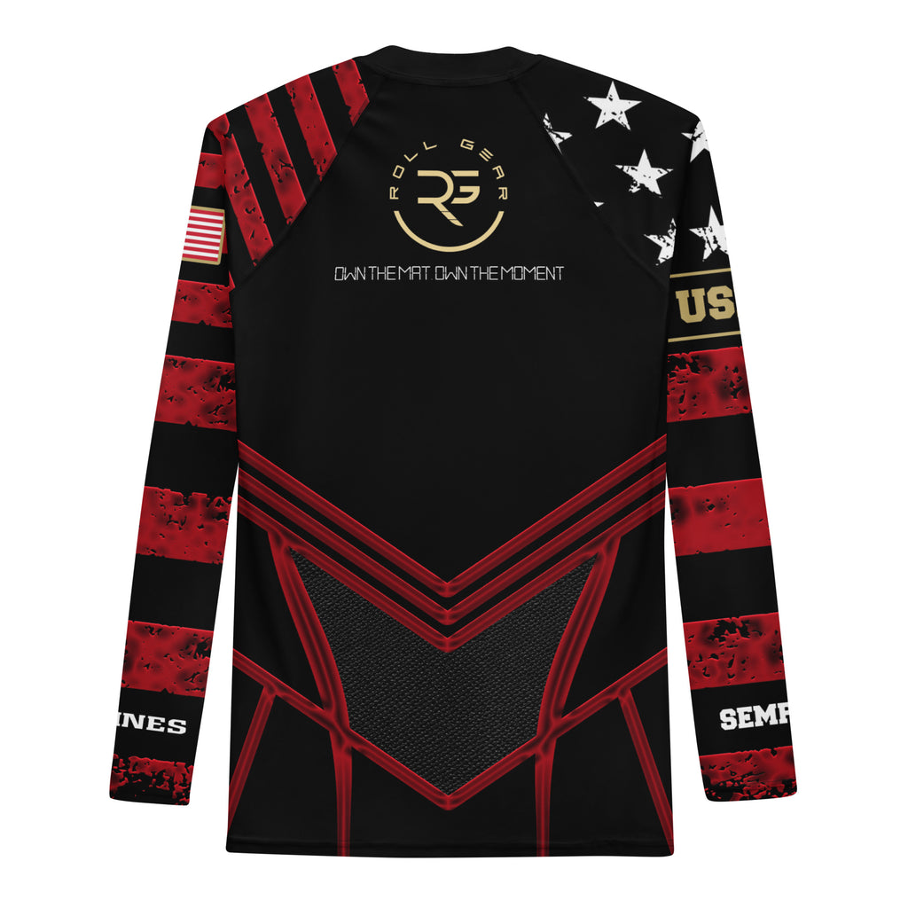 Black and red long-sleeve athletic shirt with branding and text on a white background