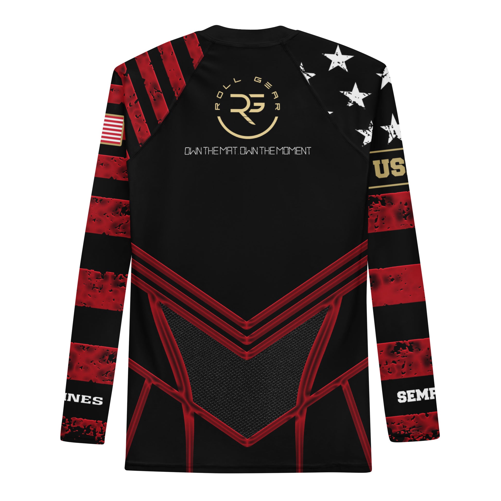 Black and red long-sleeve athletic shirt with branding and text on a white background