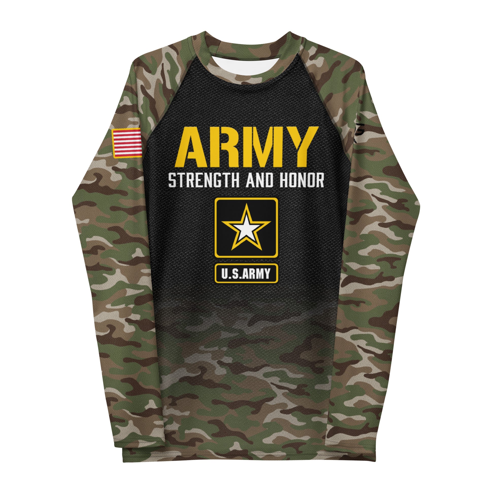 Army Roll Gear LLC Classic Camo BJJ compression no-gi training rash guard. Back View Roll Gear logo black and camo.