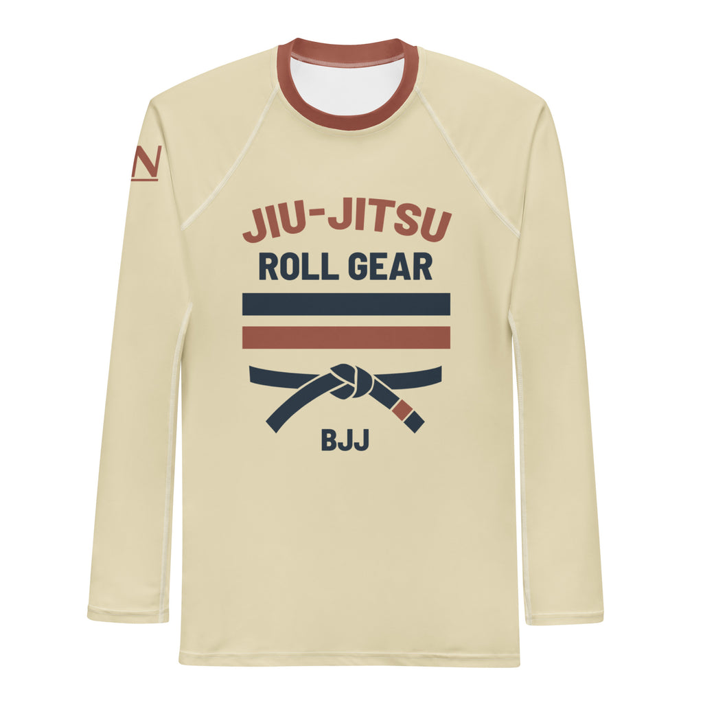 Retro-inspired long-sleeve rash guard with vintage colors and bold graphic accents. Designed for grappling and active wear with breathable, stretch performance fabric.roll gear 