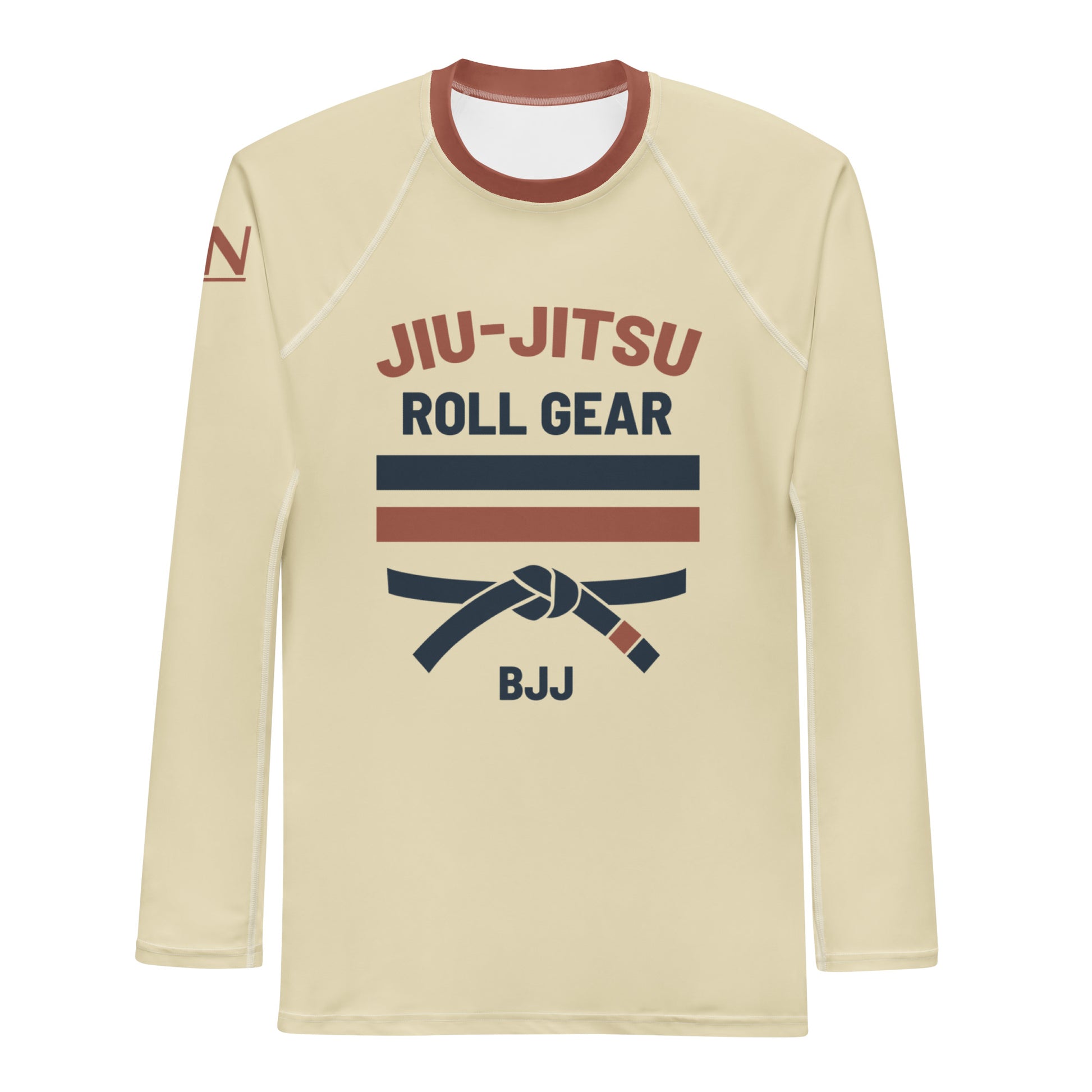 Retro-inspired long-sleeve rash guard with vintage colors and bold graphic accents. Designed for grappling and active wear with breathable, stretch performance fabric.roll gear 