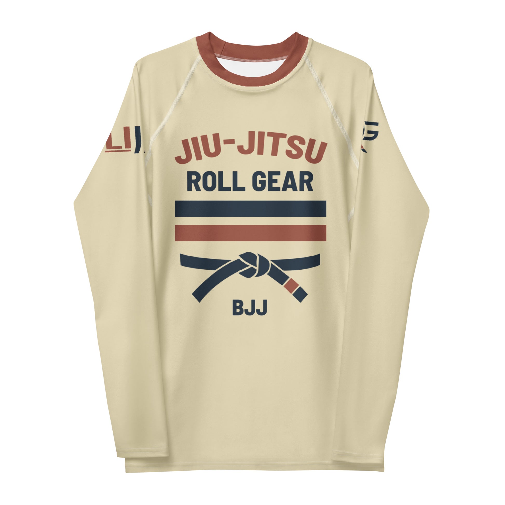 Retro-inspired long-sleeve rash guard with vintage colors and bold graphic accents. Designed for grappling and active wear with breathable, stretch performance fabric. Roll gear LLC 