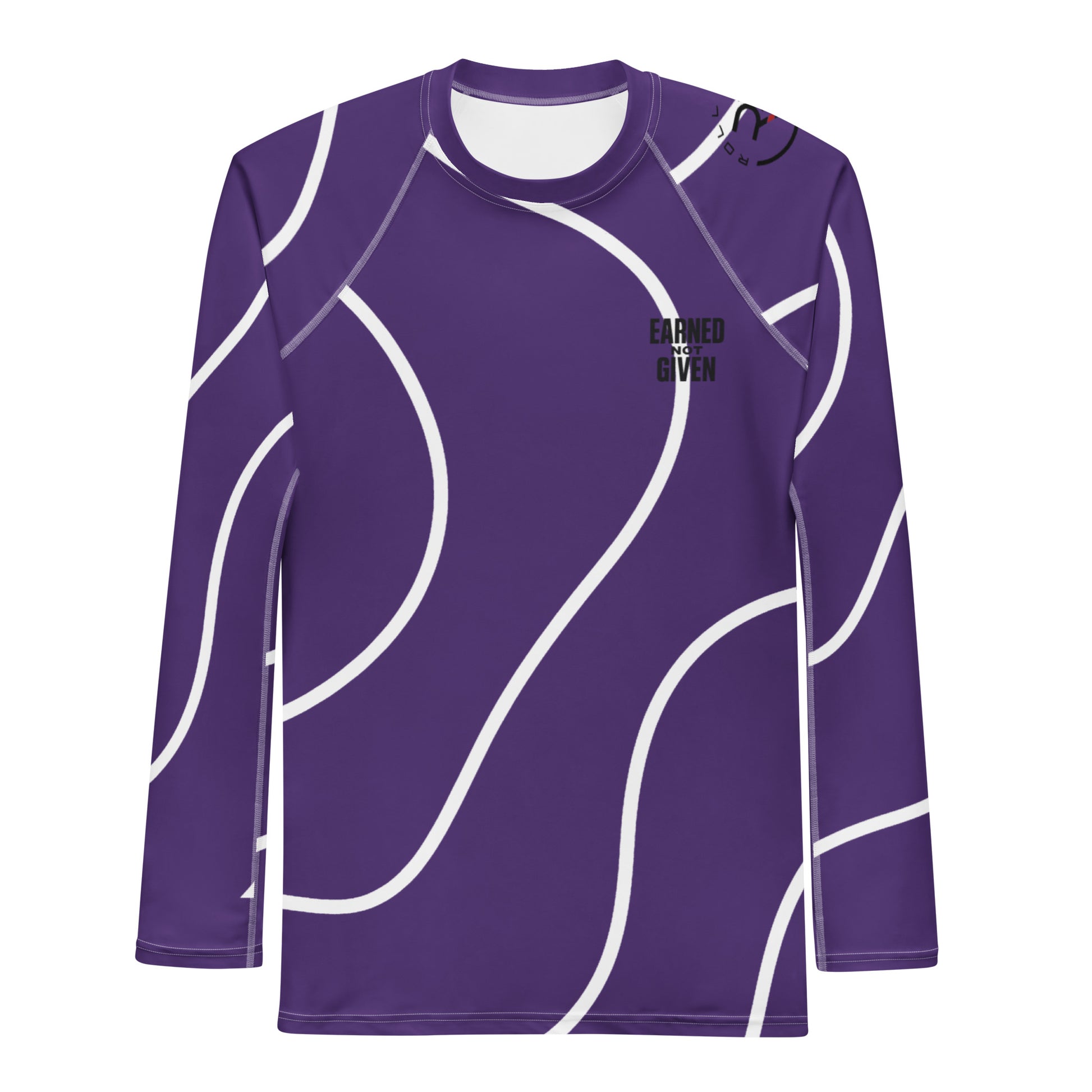 Purple BJJ rash guard with “Earned Not Given” slogan – high-performance compression top representing belt rank, ideal for no-gi training and competition