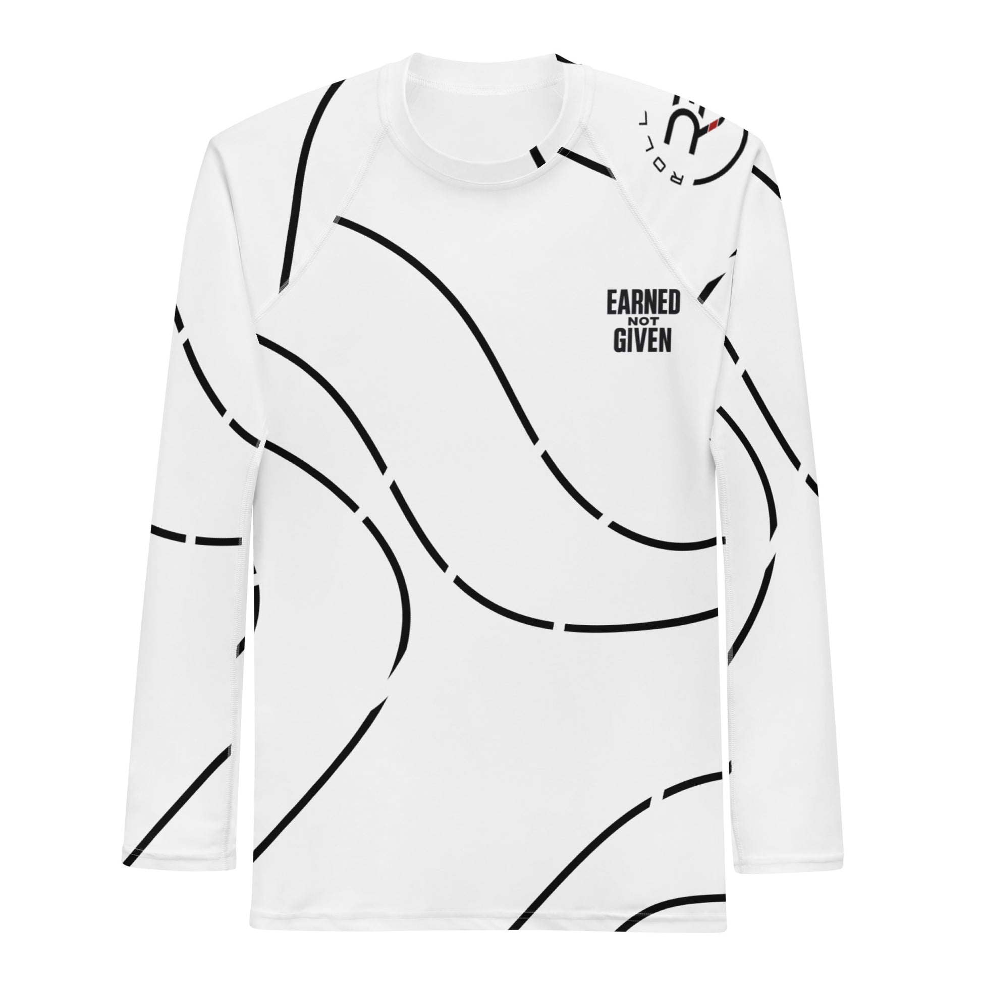 White BJJ rash guard with “Earned Not Given” slogan – high-performance grappling top with moisture-wicking fabric and ranked belt design