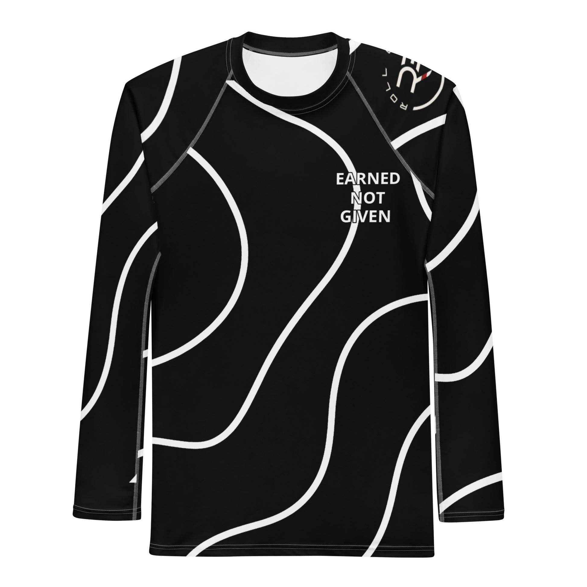Black swirl BJJ rash guard with “Earned Not Given” text – moisture-wicking, four-way stretch grappling top for Brazilian Jiu-Jitsu athletes