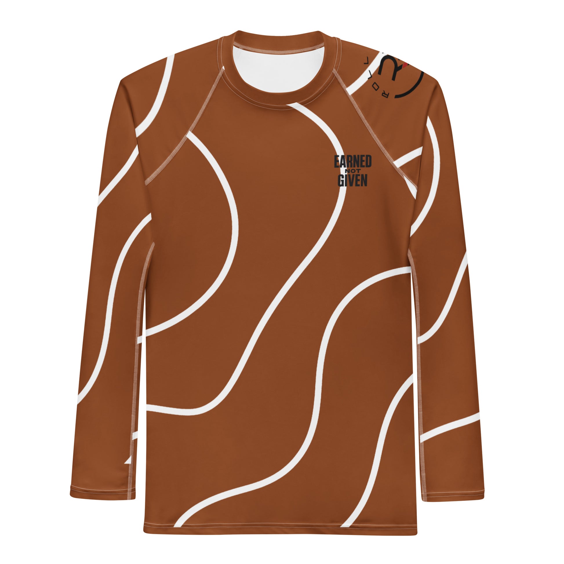 Brown BJJ rash guard with “Earned Not Given” slogan – advanced-ranked compression top built for durability, mobility, and serious no-gi training
