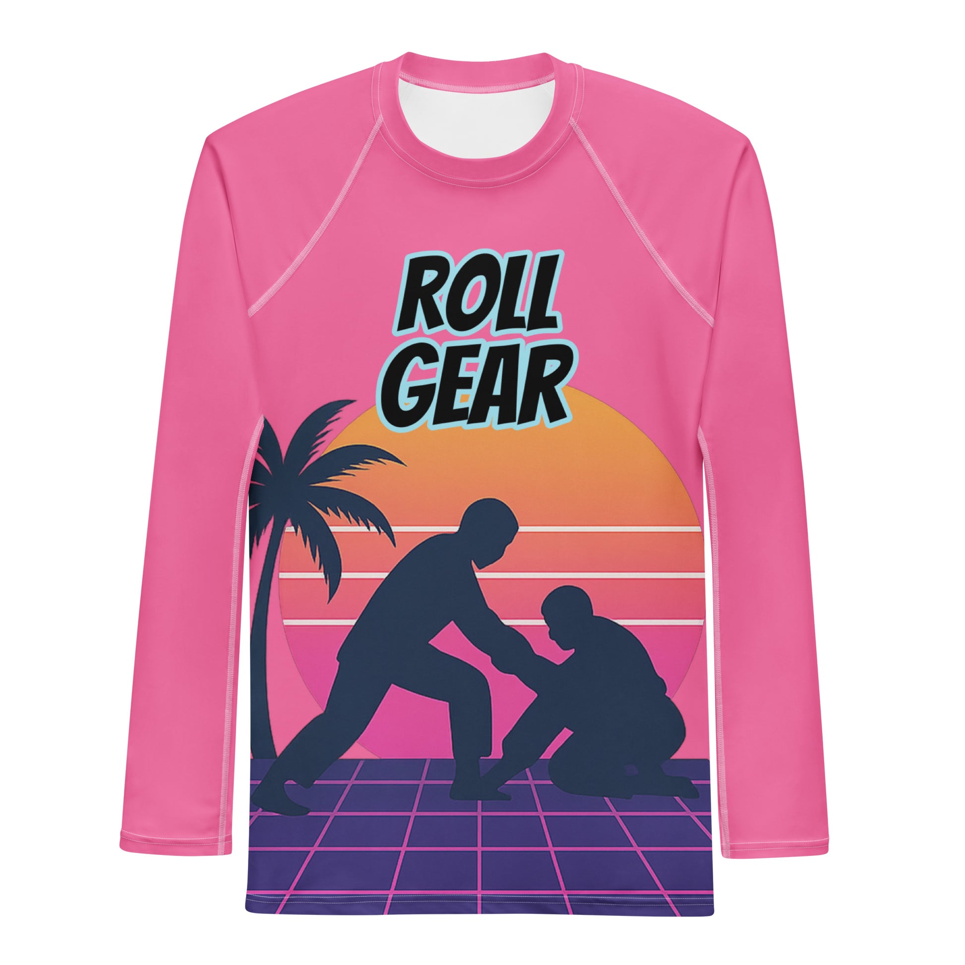 Pink long-sleeve shirt with 'Roll Gear' design featuring two people and a palm tree on a white background