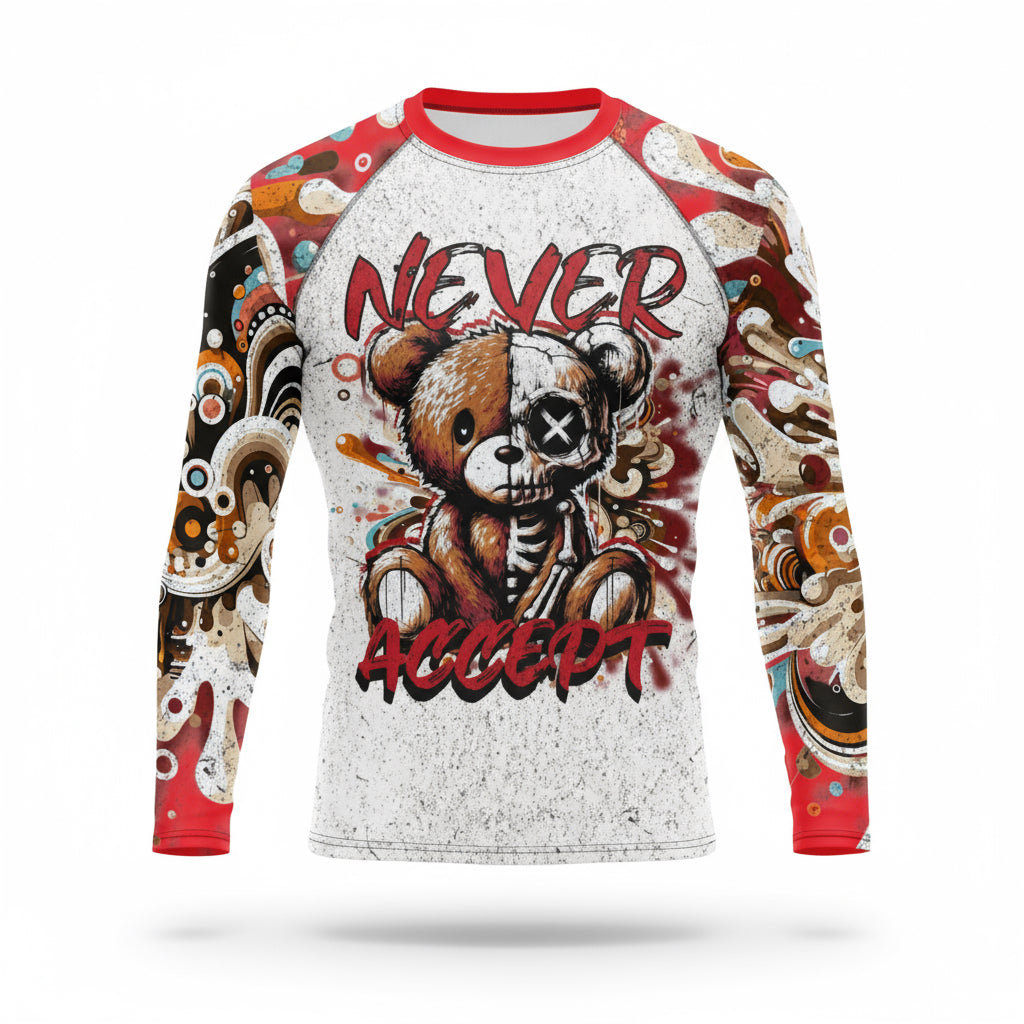 Long-sleeve shirt with a graphic design of a teddy bear skeleton and 'Never Accept' text on a white background.