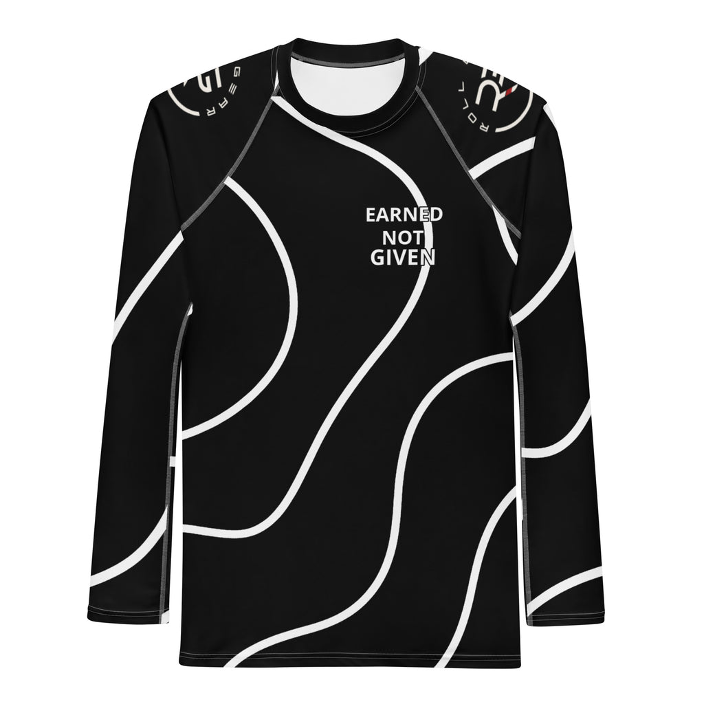 Black athletic shirt with white abstract patterns and 'Earned Not Given' text on a white background