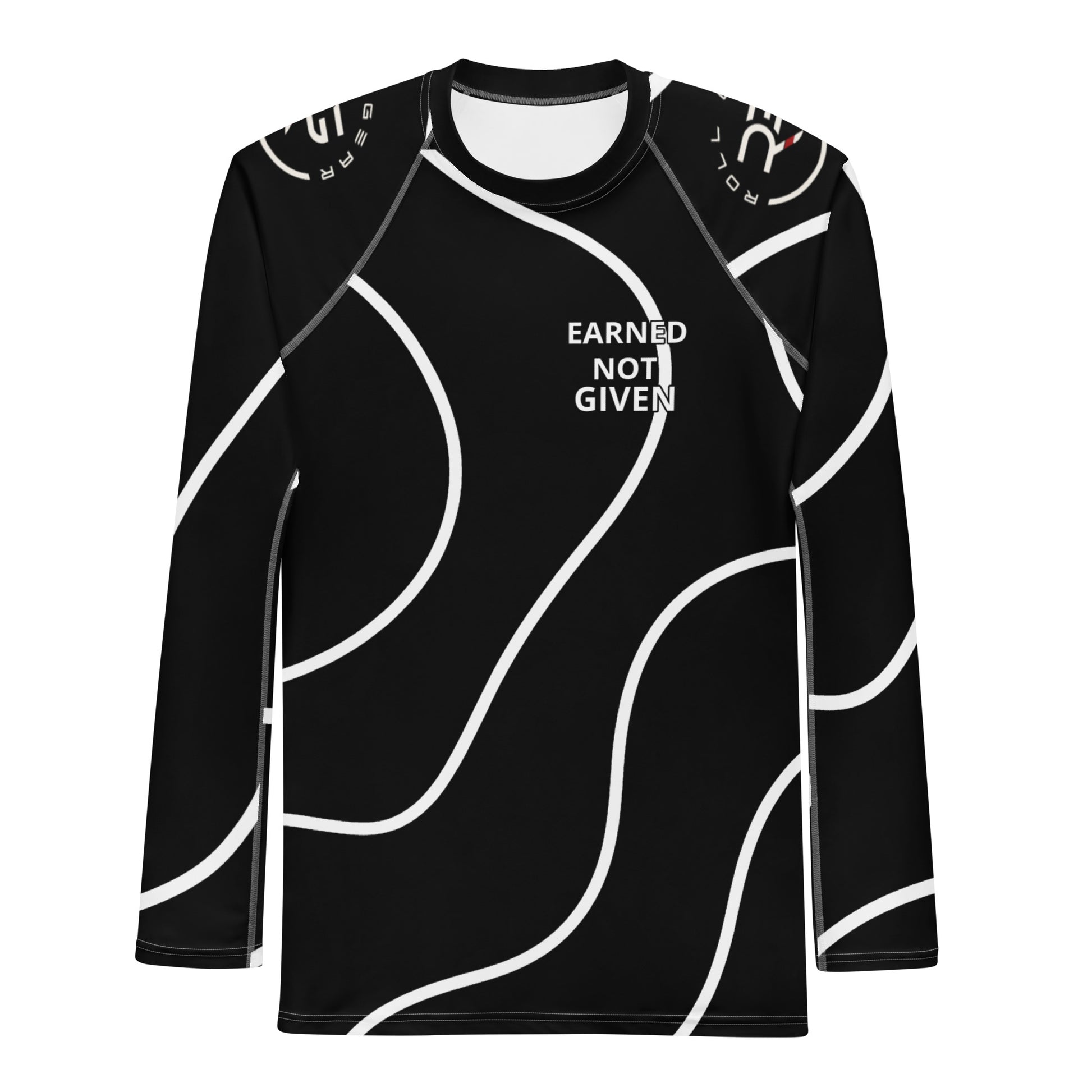 Black athletic shirt with white abstract patterns and 'Earned Not Given' text on a white background