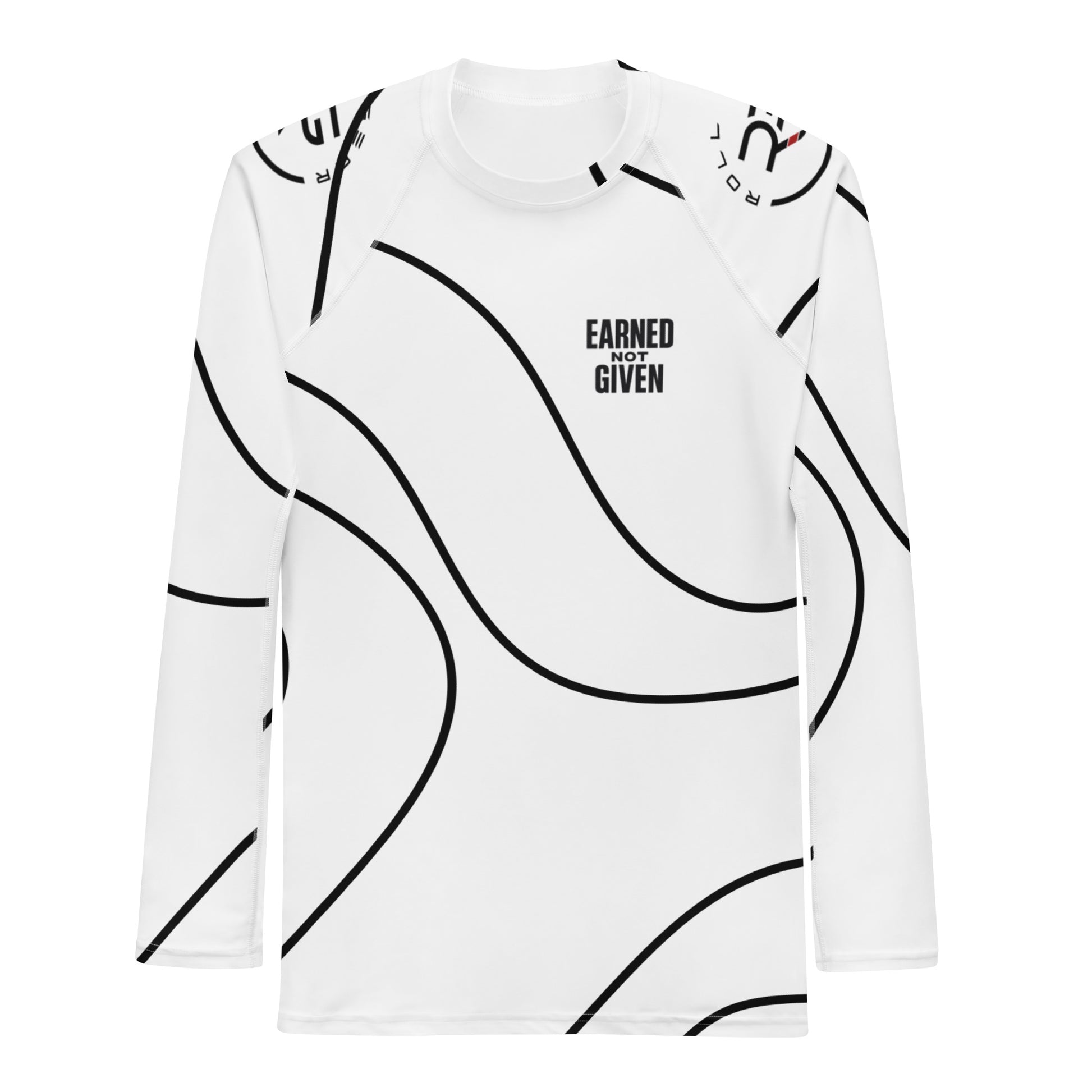 White long-sleeve shirt with black abstract patterns and text on a white background