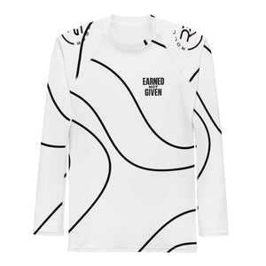 White long-sleeve shirt with black abstract patterns and text on a white background