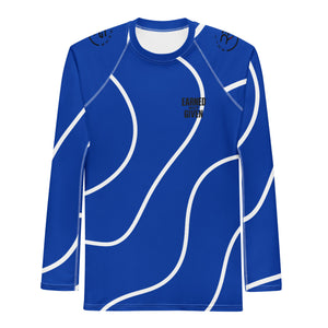 Blue athletic shirt with white wavy lines and 'EARNED GIVEN' text on a white background