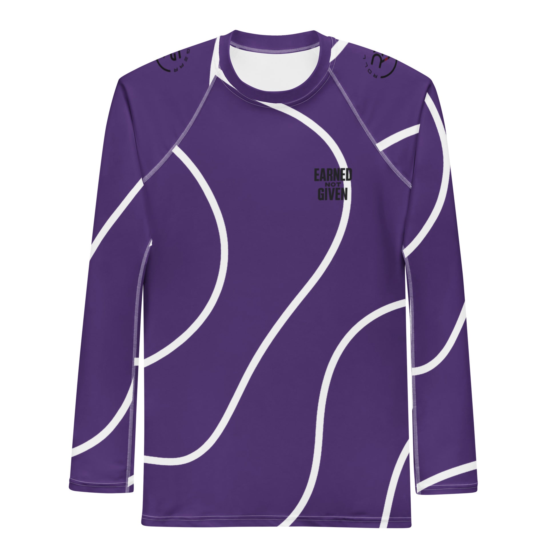 Purple long-sleeve shirt with white wavy lines and text on a white background